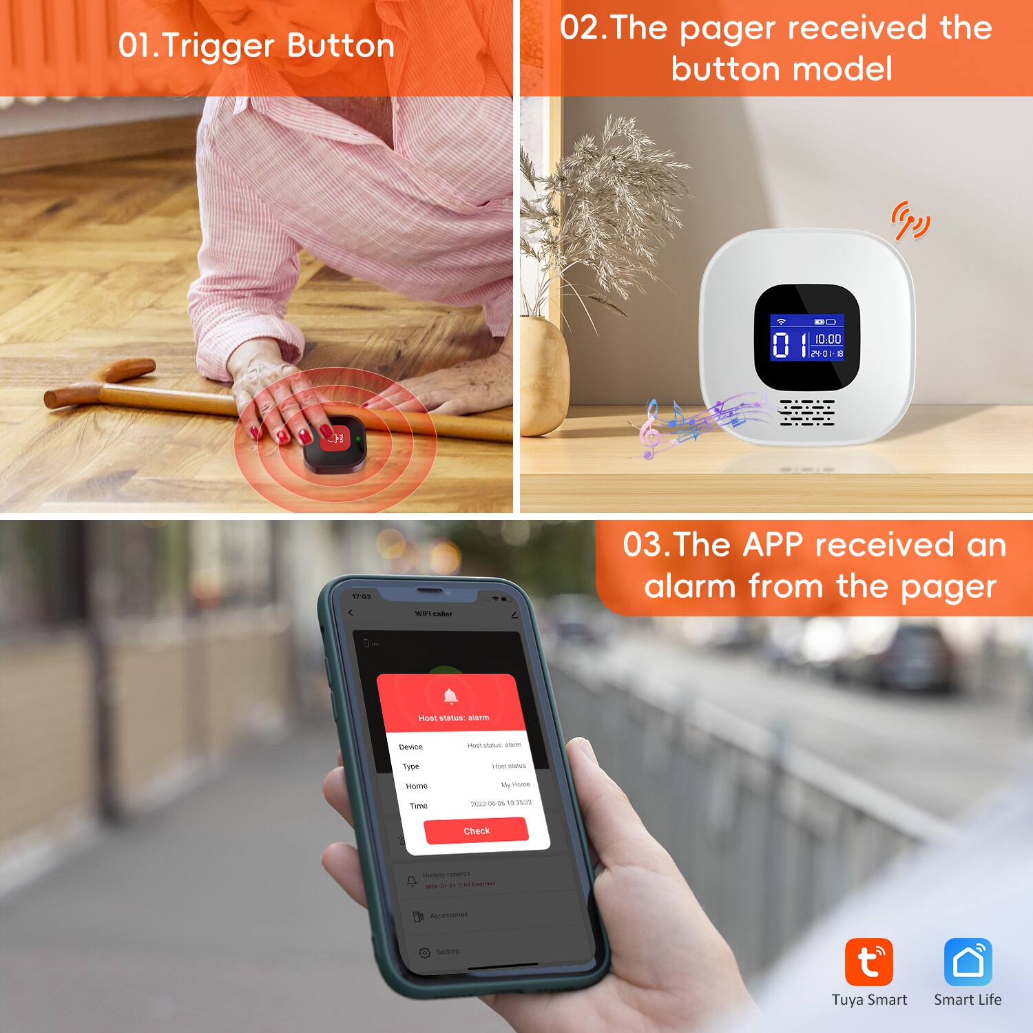 01. Trigger Button

02. The pager received the button model

03. The APP received an alarm from the pager