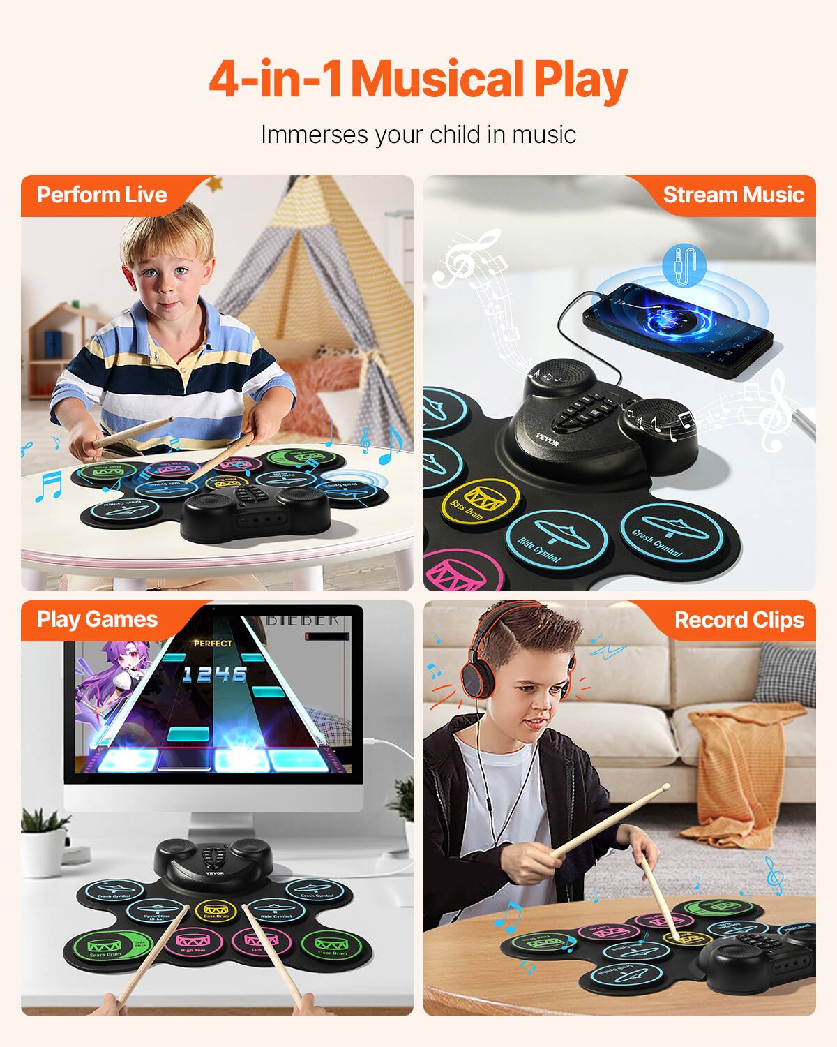 4-in-1 Musical Play  
Immerses your child in music  

Perform Live  
Stream Music  
Play Games  
Record Clips  

- Perform Live  
- Stream Music  
- Play Games  
- Record Clips  

- 1246  
- PERFECT  
- DILDLN  
- CTEC  
- AT  
- FAYA