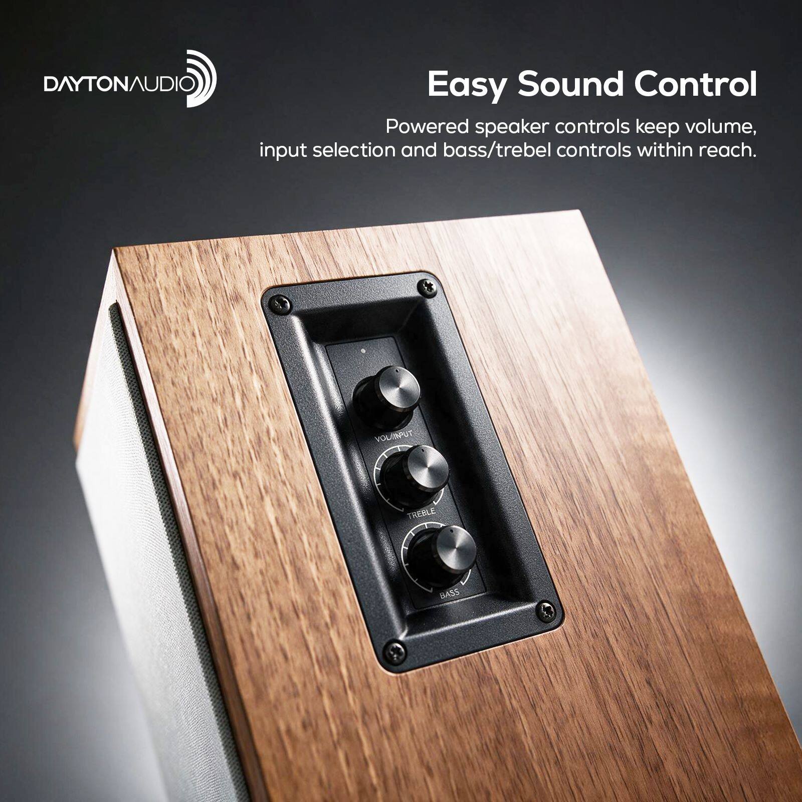 DAYTONAUDIO

Easy Sound Control
Powered speaker controls keep volume, input selection and bass/treble controls within reach.

VOL/INPUT
TREBLE
BASS