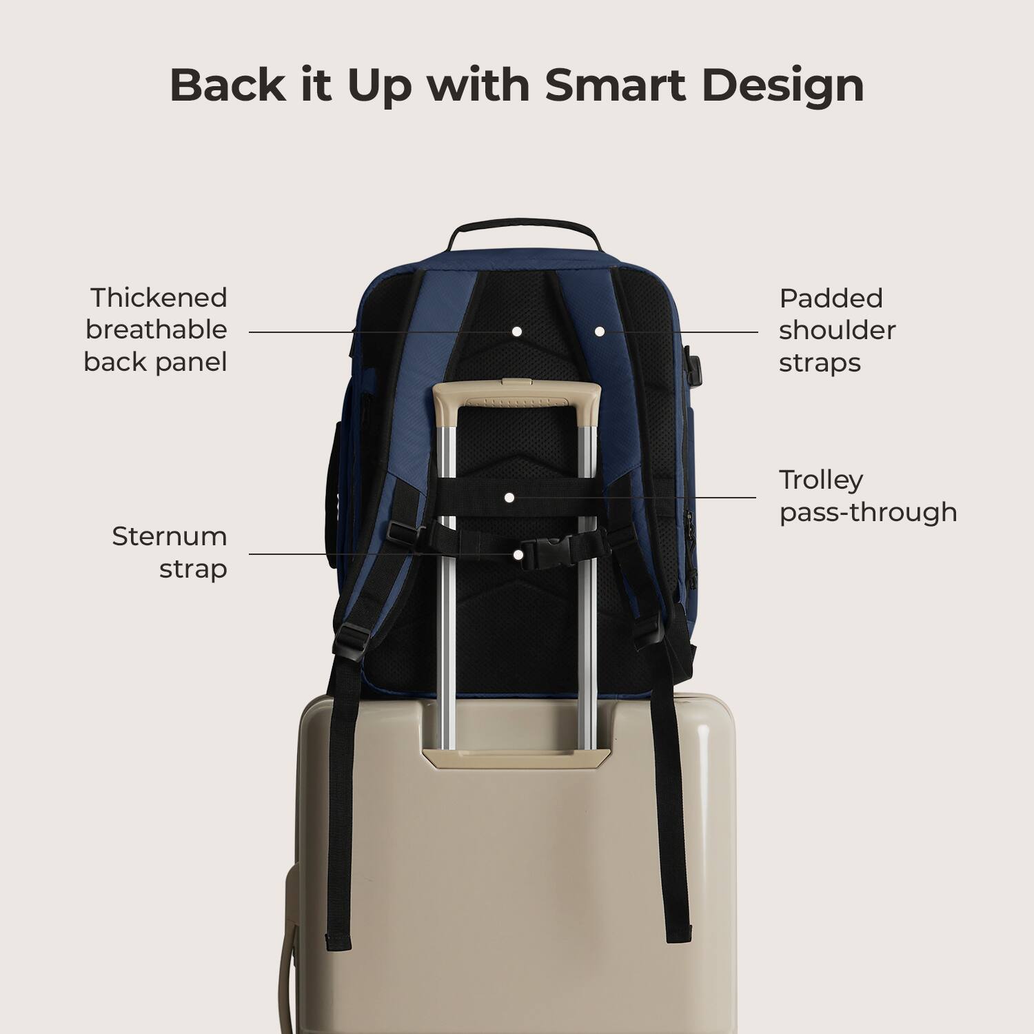 Back it Up with Smart Design  
Thickened breathable back panel  
Padded shoulder straps  
Sternum strap  
Trolley pass-through