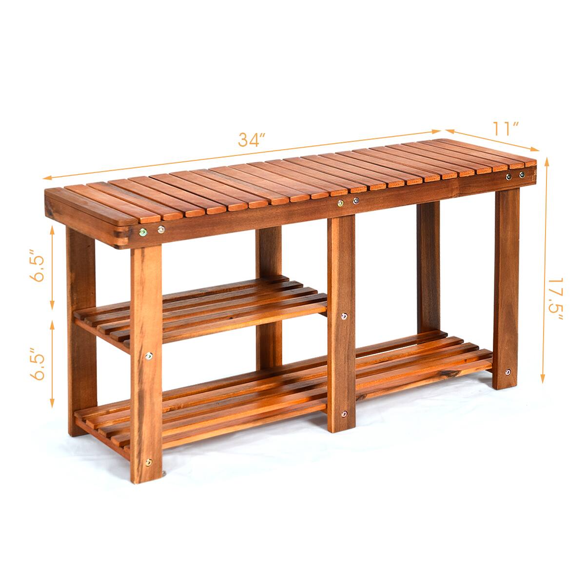 The text on the image reads "34" 11" 6.5" 6.5" 17.5". This information is likely related to the dimensions of the wooden table. The table is 34 inches long, 11 inches wide, and has a height of 6.5 inches.