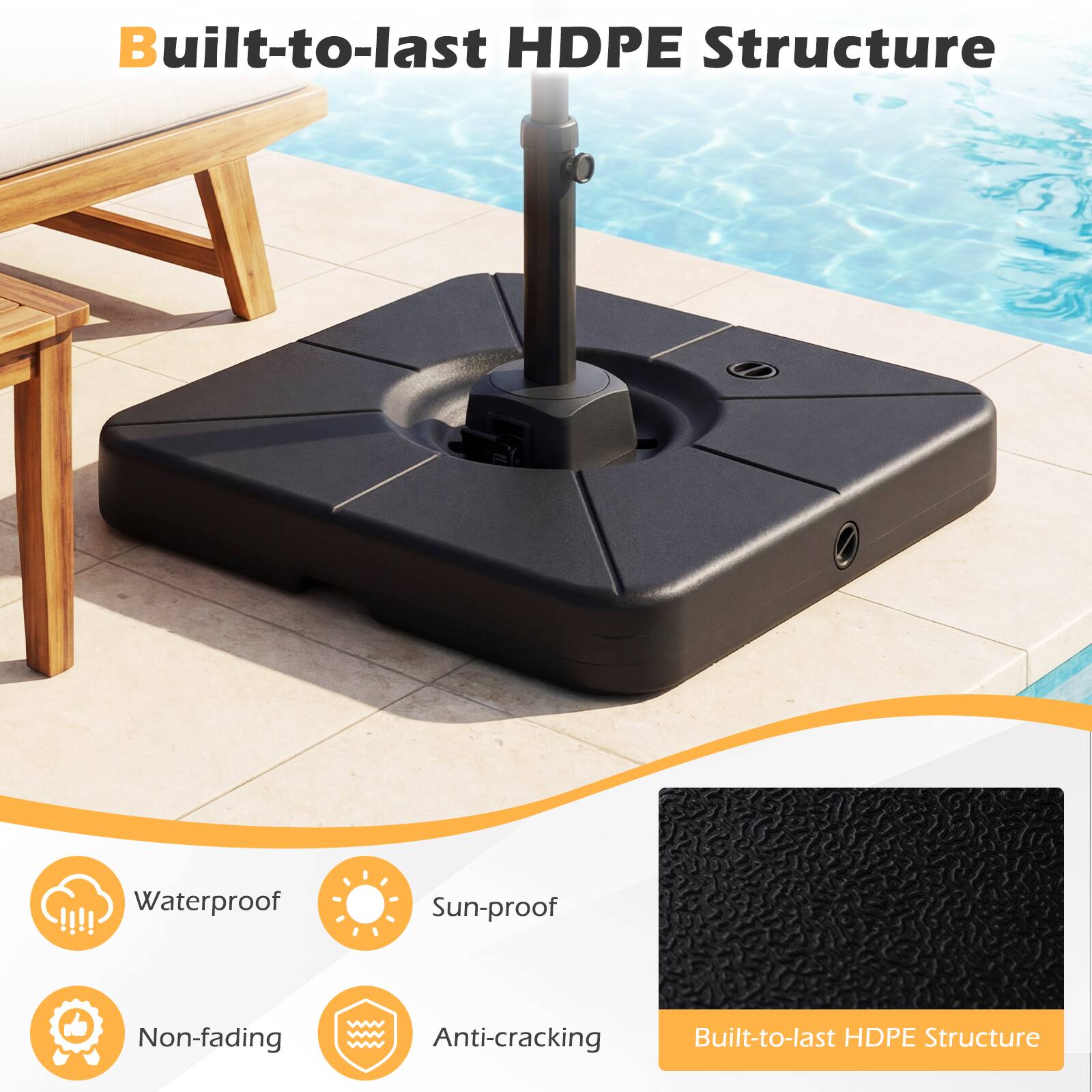Built-to-last HDPE Structure

- Waterproof
- Sun-proof
- Non-fading
- Anti-cracking