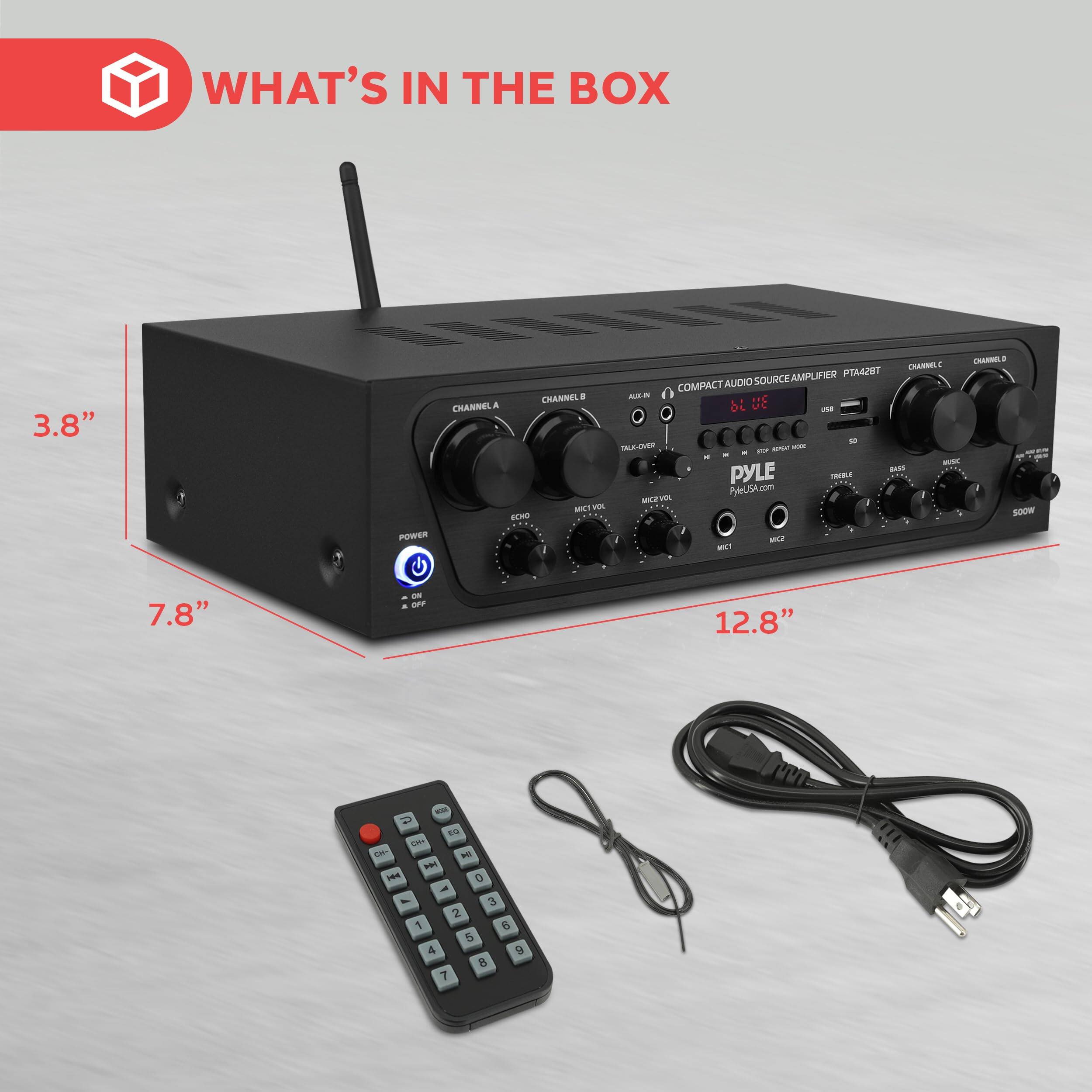 WHAT'S IN THE BOX

3.8" W x 7.8" H x 12.8" D

- COMPACT AUDIO SOURCE AMPLIFIER P742BT
- CHANNEL A
- CHANNEL B
- CHANNEL C
- CHANNEL D
- AUX IN
- TALK-OVER
- USB
- SD
- MIC VOL
- BASS
- TREBLE
- SOLO
- POWER
- ECHO
- PYLE
- PyleSA.com
- 500W
- REMOTE CONTROL
- POWER CORD