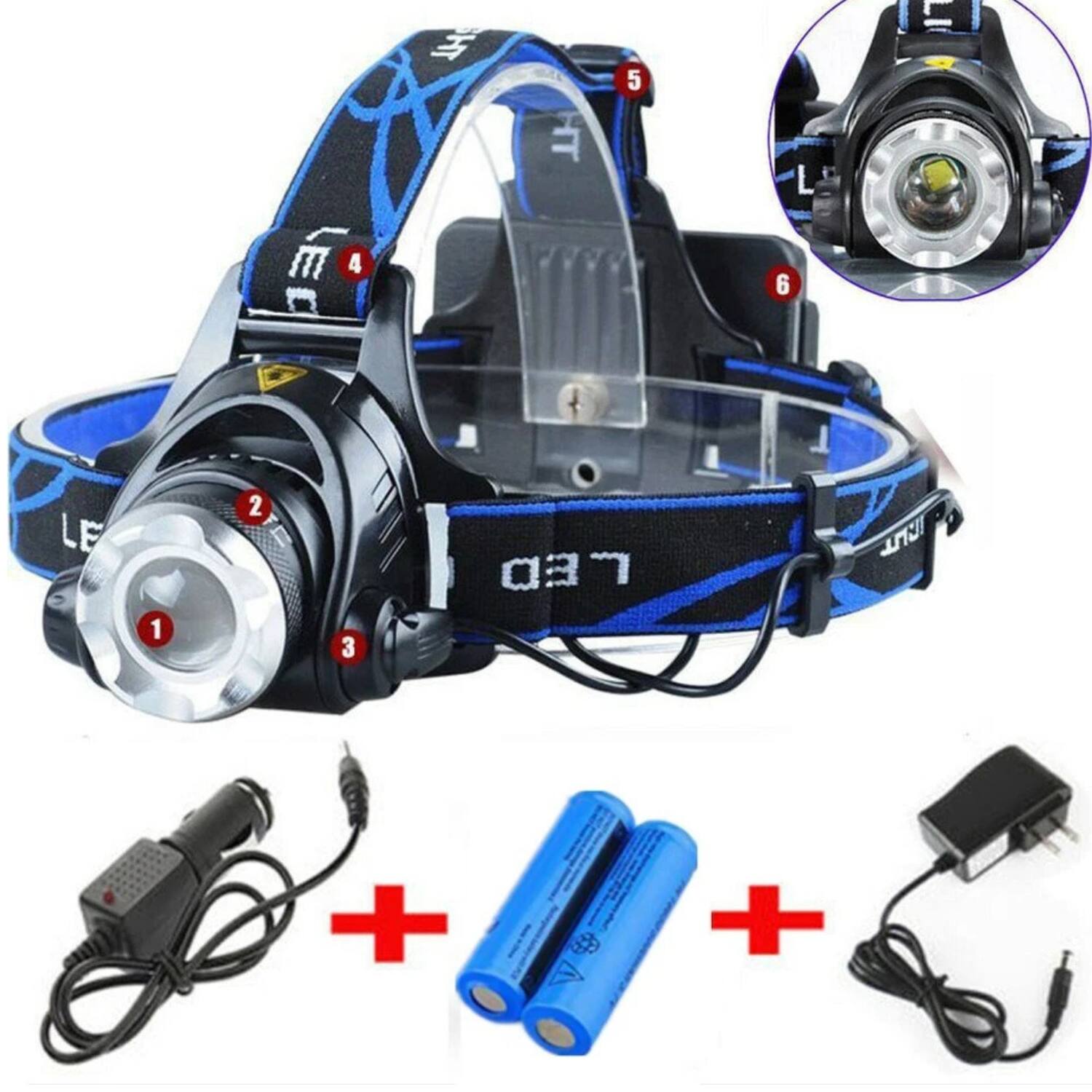 1. LED Light
2. Lens
3. Button
4. Mount
5. Lens Cover
6. Strap

+ Power Adapter
+ Batteries
+ USB Cable