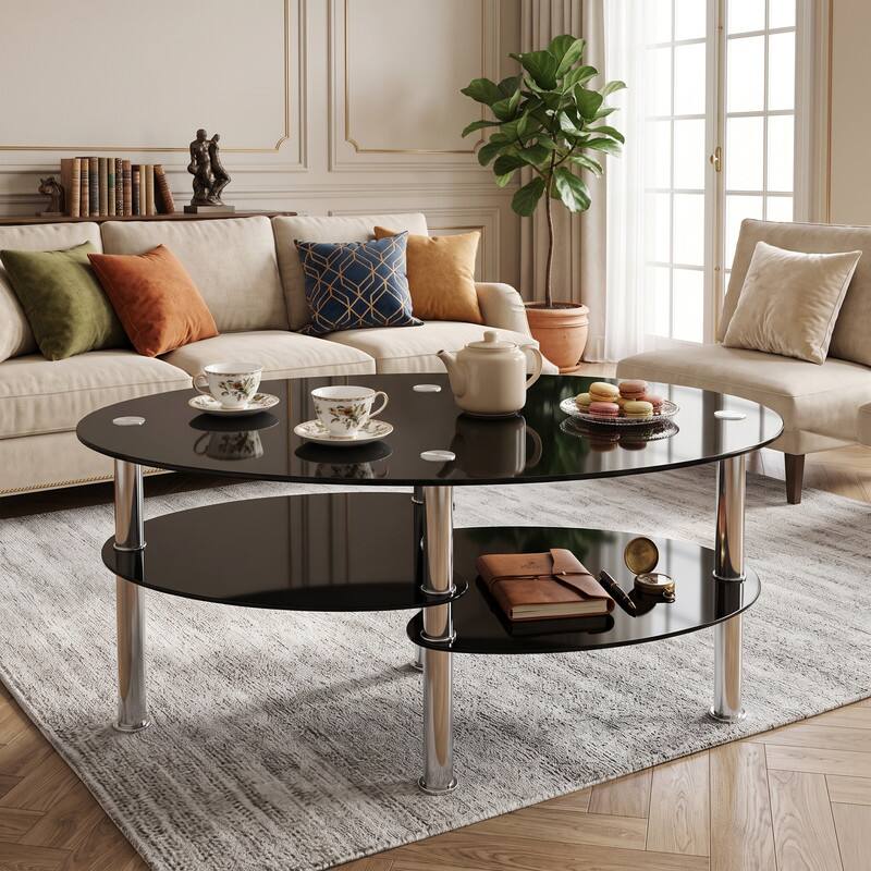 Angle. WELLFOR - Modern Oval Coffee Table, Tempered Glass Center Table with Metal Legs for Living Room Home Decor Furniture - Black.