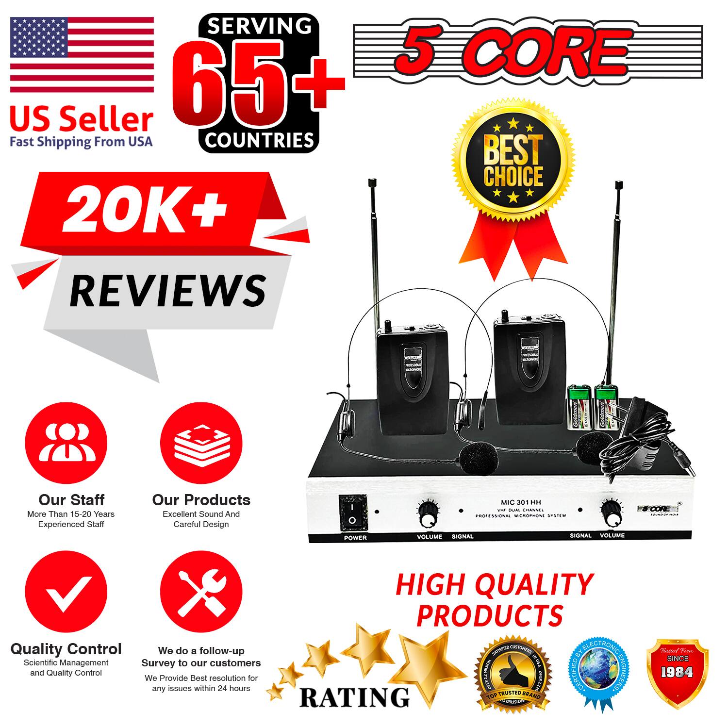 SERVING 65+ COUNTRIES  
US Seller  
Fast Shipping From USA  

20K+ REVIEWS  

5 CORE  

Our Staff  
More Than 15-20 Years Experienced Staff  

Our Products  
Excellent Sound And Careful Design  

Quality Control  
Scientific Management and Quality Control  

We do a follow-up Survey to our customers and Provide Best resolution for any issues within 24 hours  

BEST CHOICE  

HIGH QUALITY PRODUCTS  

RATING  

SINCE 1984