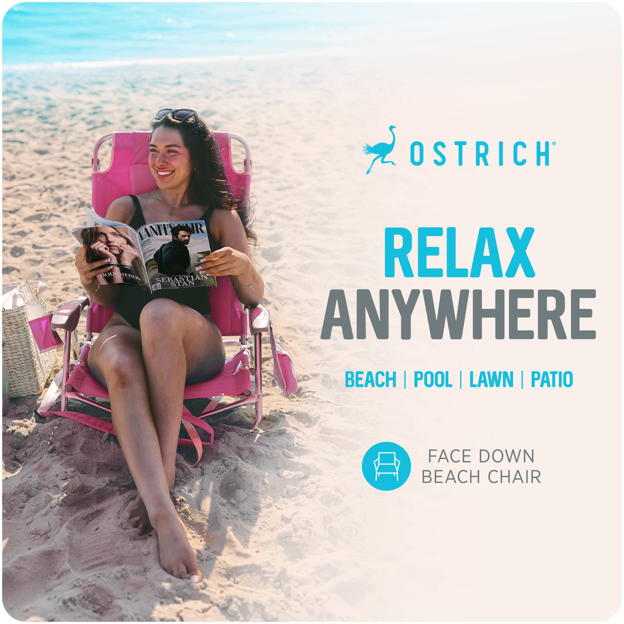 OSTRICH  
RELAX ANYWHERE  
BEACH | POOL | LAWN | PATIO  
FACE DOWN BEACH CHAIR