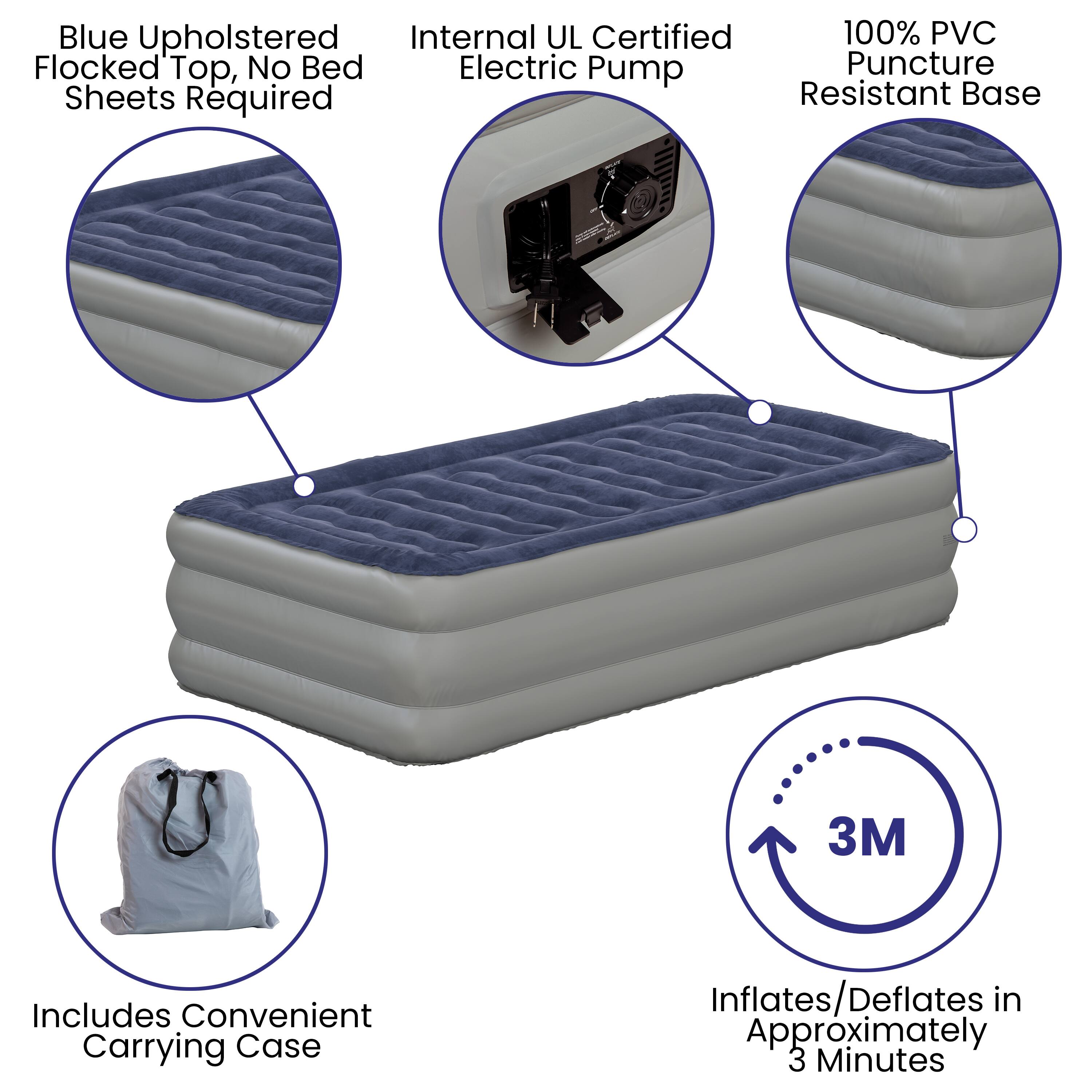 Blue Upholstered Flocked Top, No Bed Sheets Required

Internal UL Certified Electric Pump

100% PVC Puncture Resistant Base

Includes Convenient Carrying Case

Inflates/Deflates in Approximately 3 Minutes