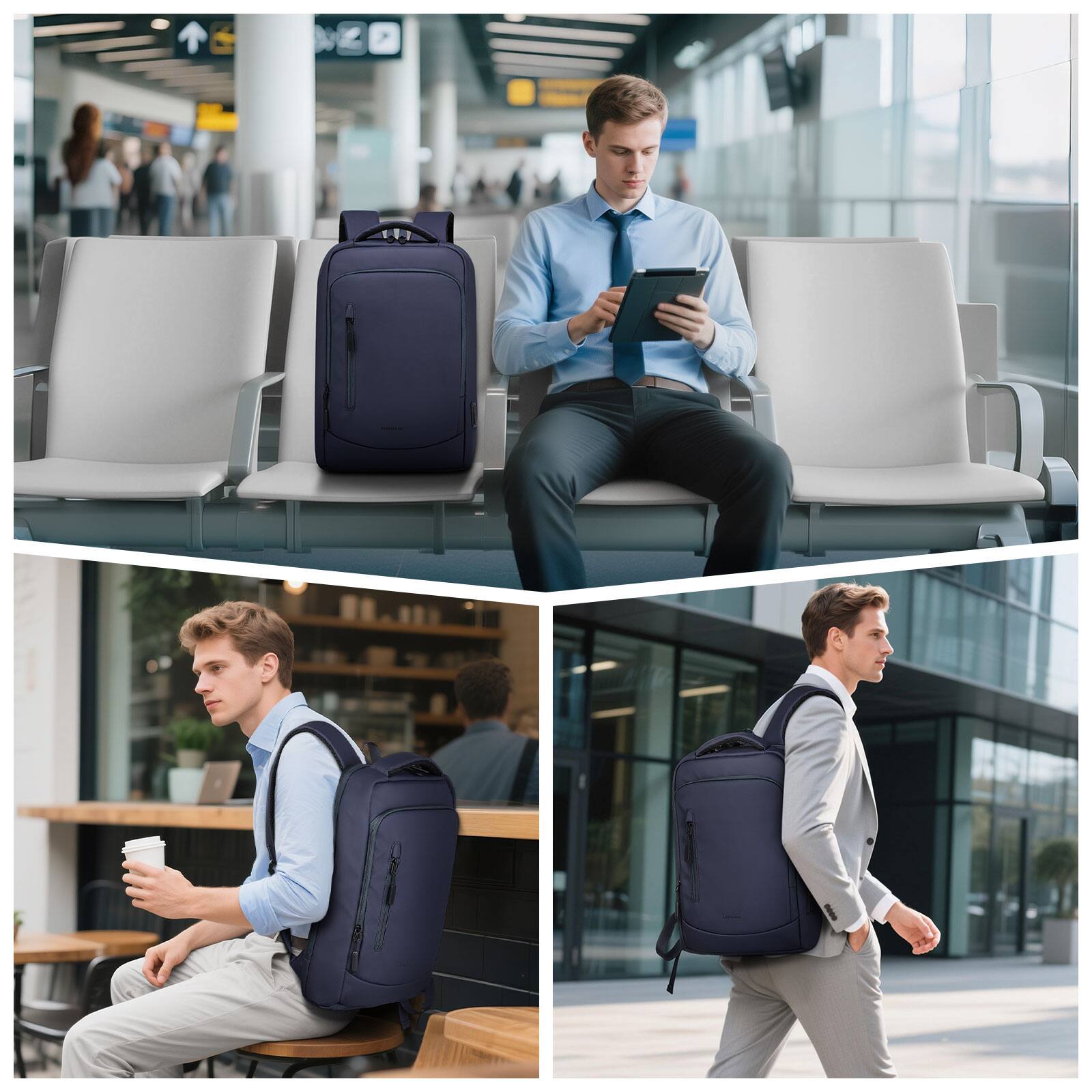 Alt View 5. Unique Bargains - Shockproof Slim 15.6" Laptop Backpack for Men, Water Resistant Business Bag, USB A/C, Anti-Theft Pocket - Blue.
