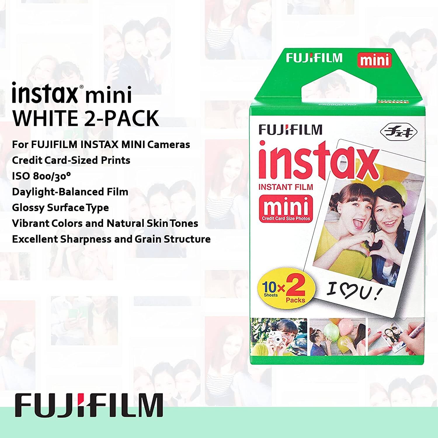 FUJIFILM instax mini WHITE 2-PACK  
For FUJIFILM INSTAX MINI Cameras  
Credit Card-Sized Prints  
ISO 800/30°  
Daylight-Balanced Film  
Glossy Surface Type  
Vibrant Colors and Natural Skin Tones  
Excellent Sharpness and Grain Structure  
10x Sheets 2 Packs  
FUJIFILM