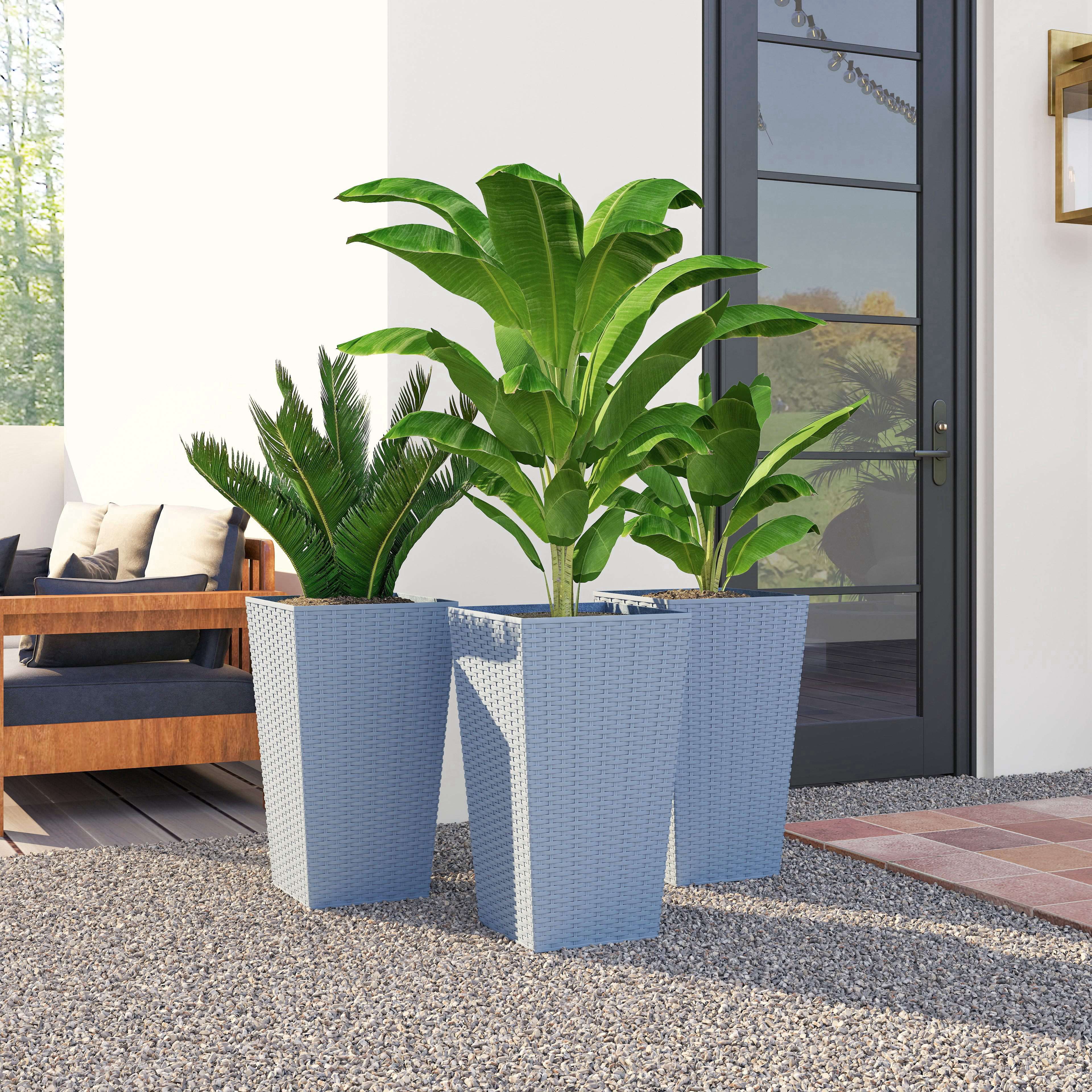 Alt View 7. Outsunny - Planters for Outdoor Plants Set of 3, 24 In Taper Planters with Drainage Holes, Rattan Decor Plant Pots - Light Gray.