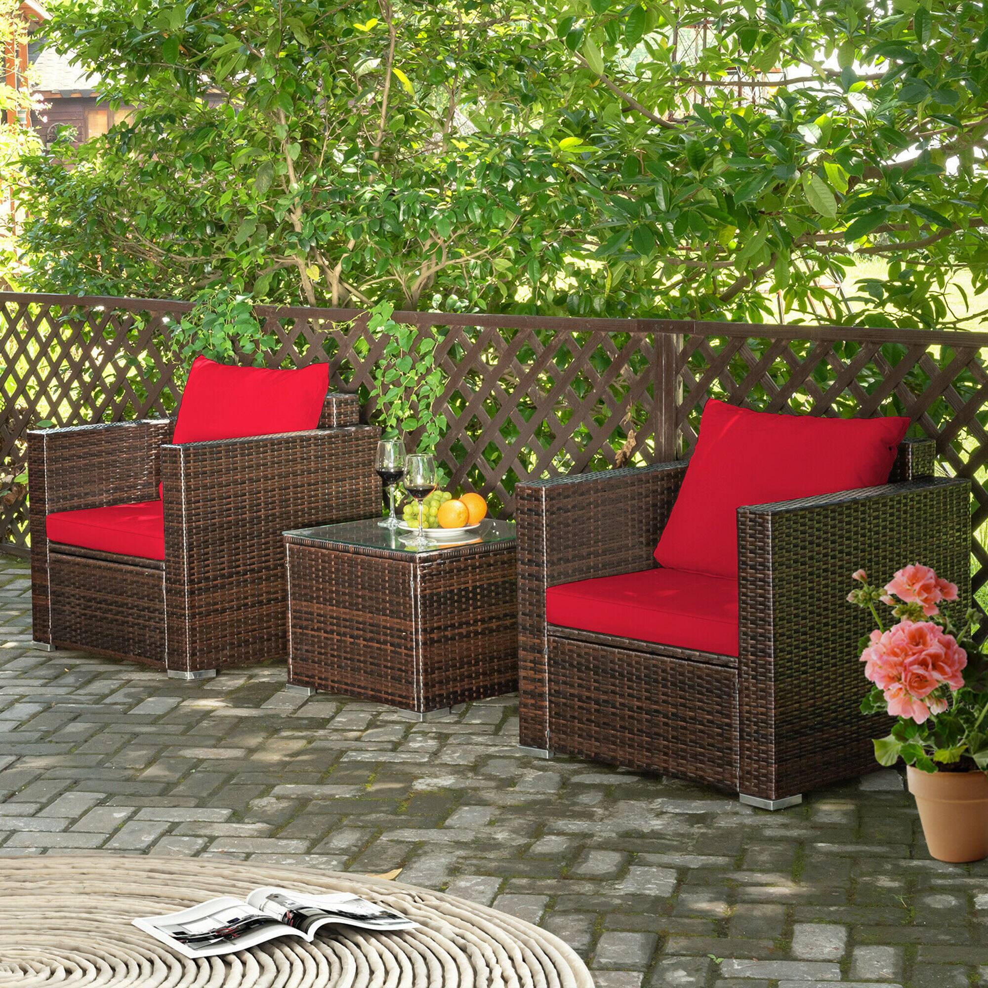 Alt View 3. Gymax - Gymax 3PCS Rattan Patio Outdoor Conversation Furniture Set w/ Red Cushions - Red.