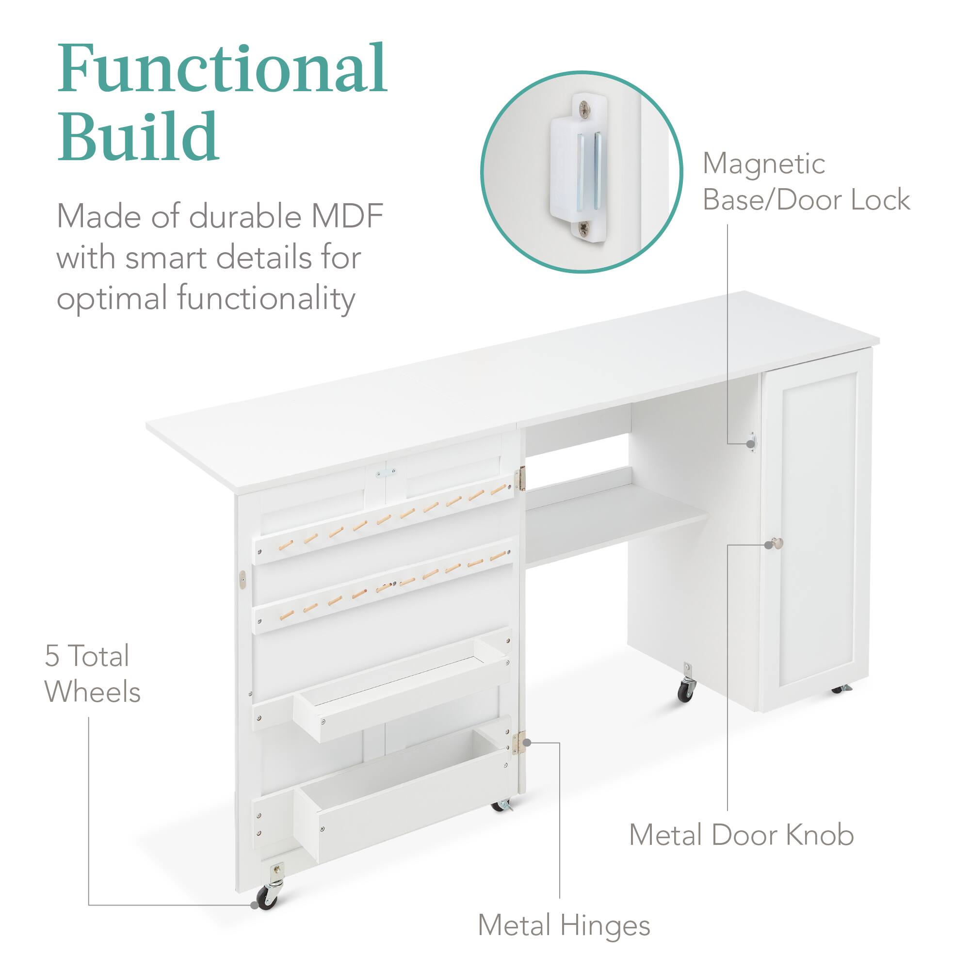 Functional Build  
Made of durable MDF with smart details for optimal functionality  

- Magnetic Base/Door Lock  
- 5 Total Wheels  
- Metal Door Knob  
- Metal Hinges
