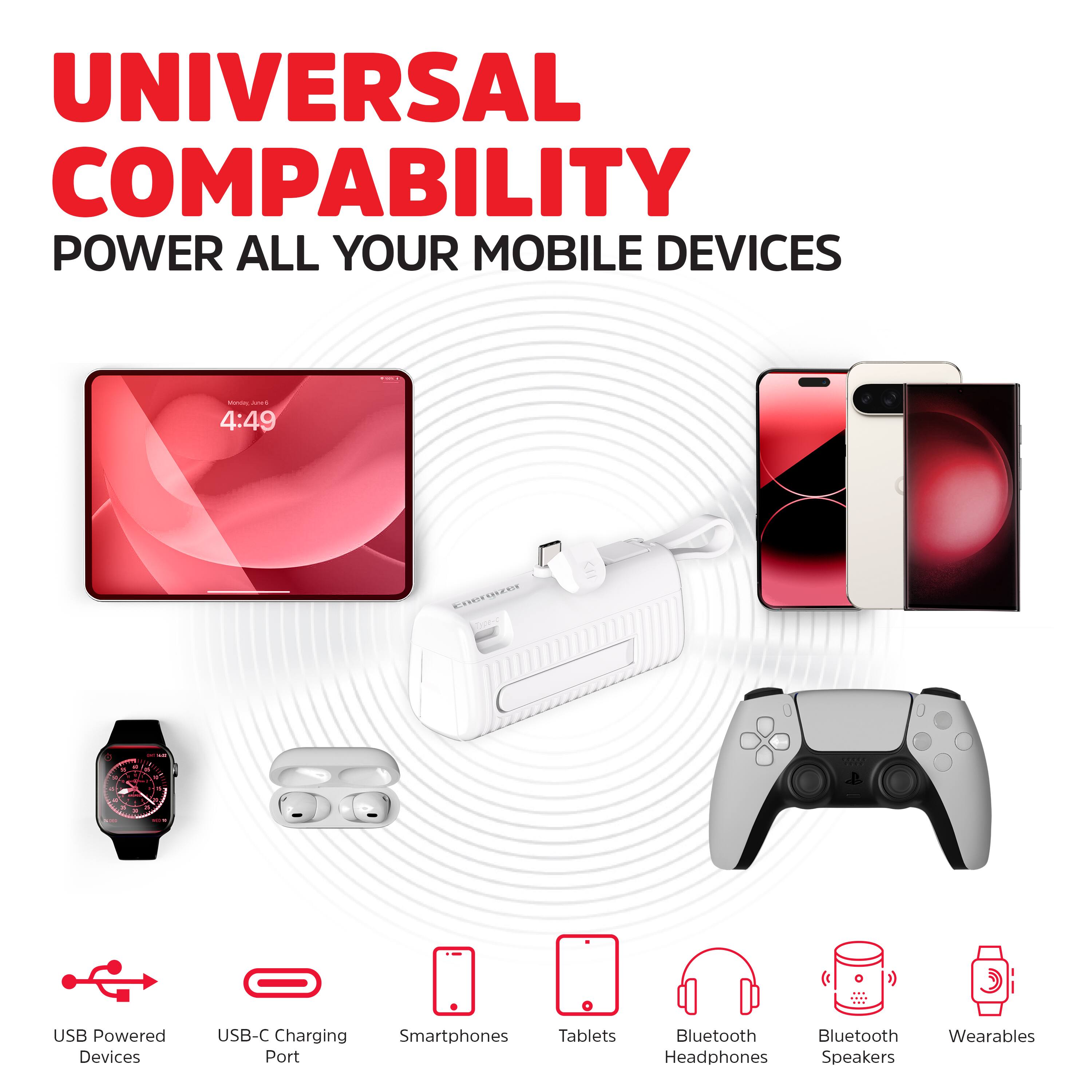 UNIVERSAL COMPATIBILITY
POWER ALL YOUR MOBILE DEVICES
- USB Powered Devices
- USB-C Charging Port
- Smartphones
- Tablets
- Bluetooth Headphones
- Bluetooth Speakers
- Wearables