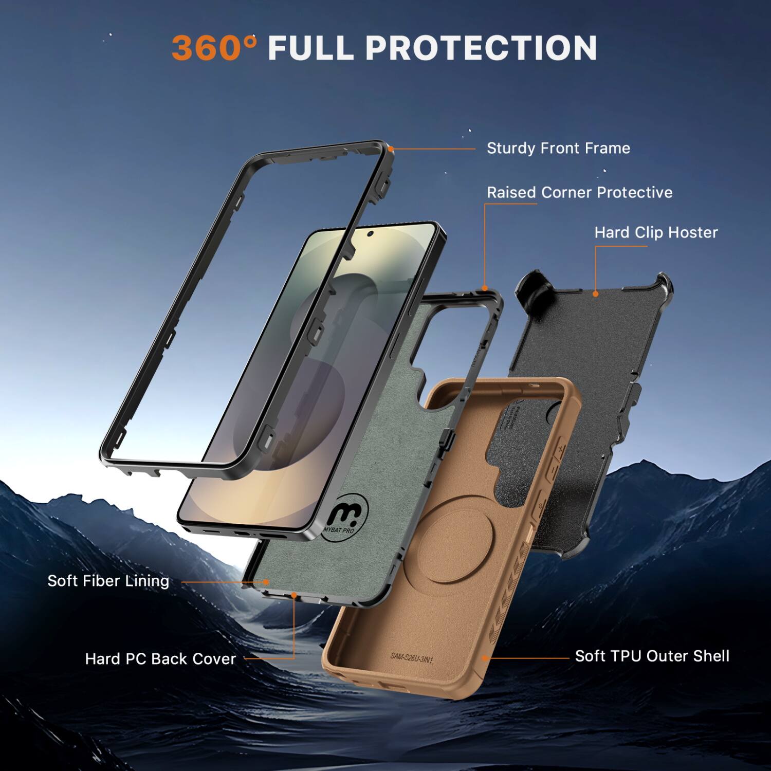 360° FULL PROTECTION

- Sturdy Front Frame
- Raised Corner Protective
- Hard Clip Host
- Soft Fiber Lining
- Hard PC Back Cover
- Soft TPU Outer Shell