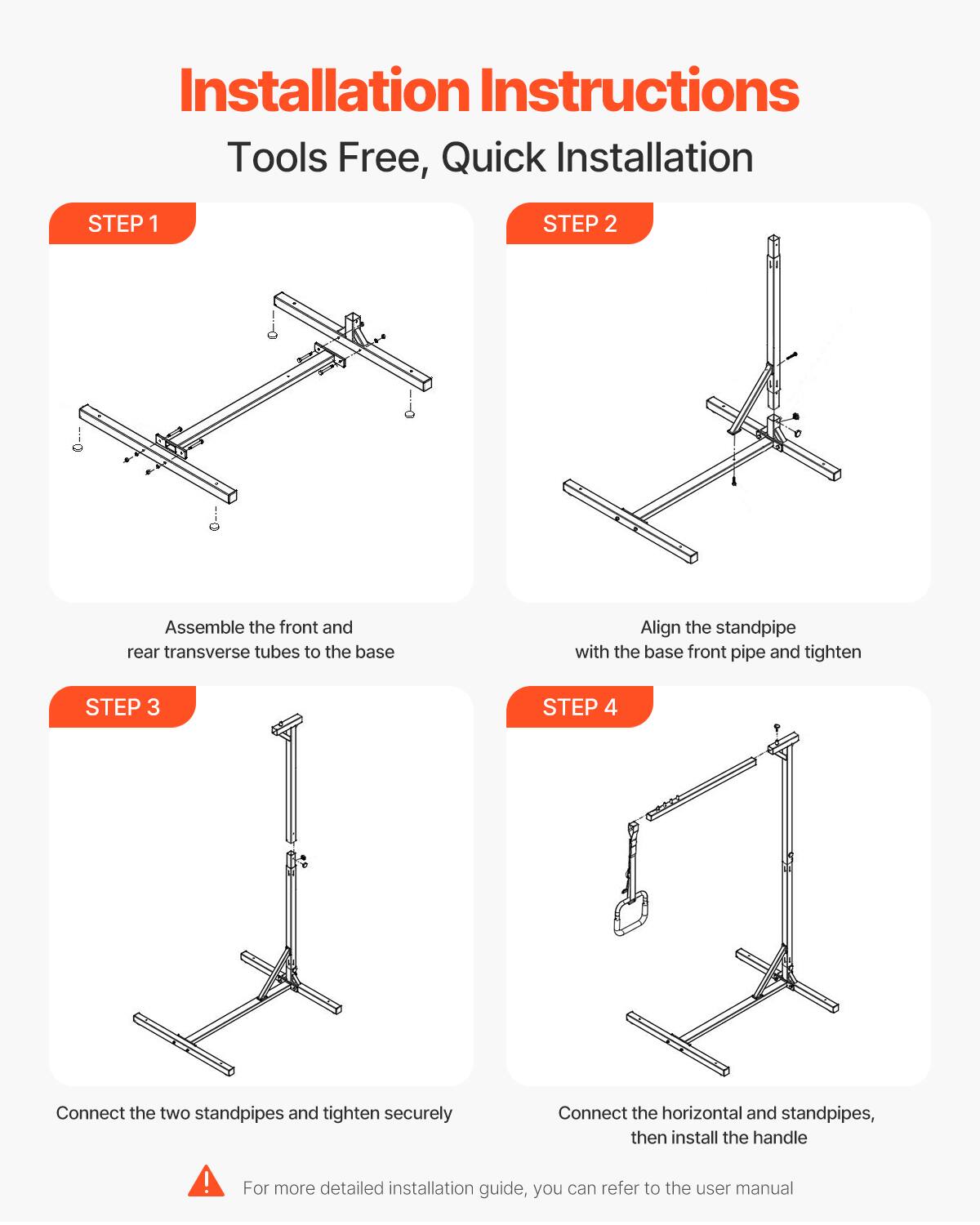 Installation Instructions  
Tools Free, Quick Installation  

STEP 1  
Assemble the front and rear transverse tubes to the base  

STEP 2  
Align the standpipe with the base front pipe and tighten  

STEP 3  
Connect the two standpipes and tighten securely  

STEP 4  
Connect the horizontal and standpipes, then install the handle  

For more detailed installation guide, you can refer to the user manual