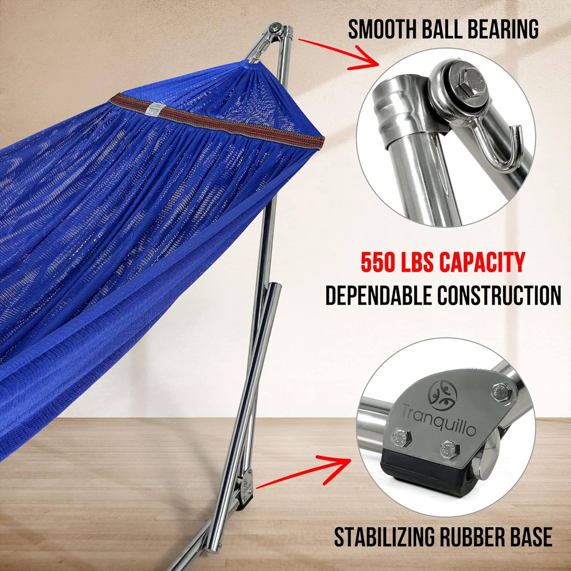 SMOOTH BALL BEARING  
550 LBS CAPACITY  
DEPENDABLE CONSTRUCTION  
STABILIZING RUBBER BASE