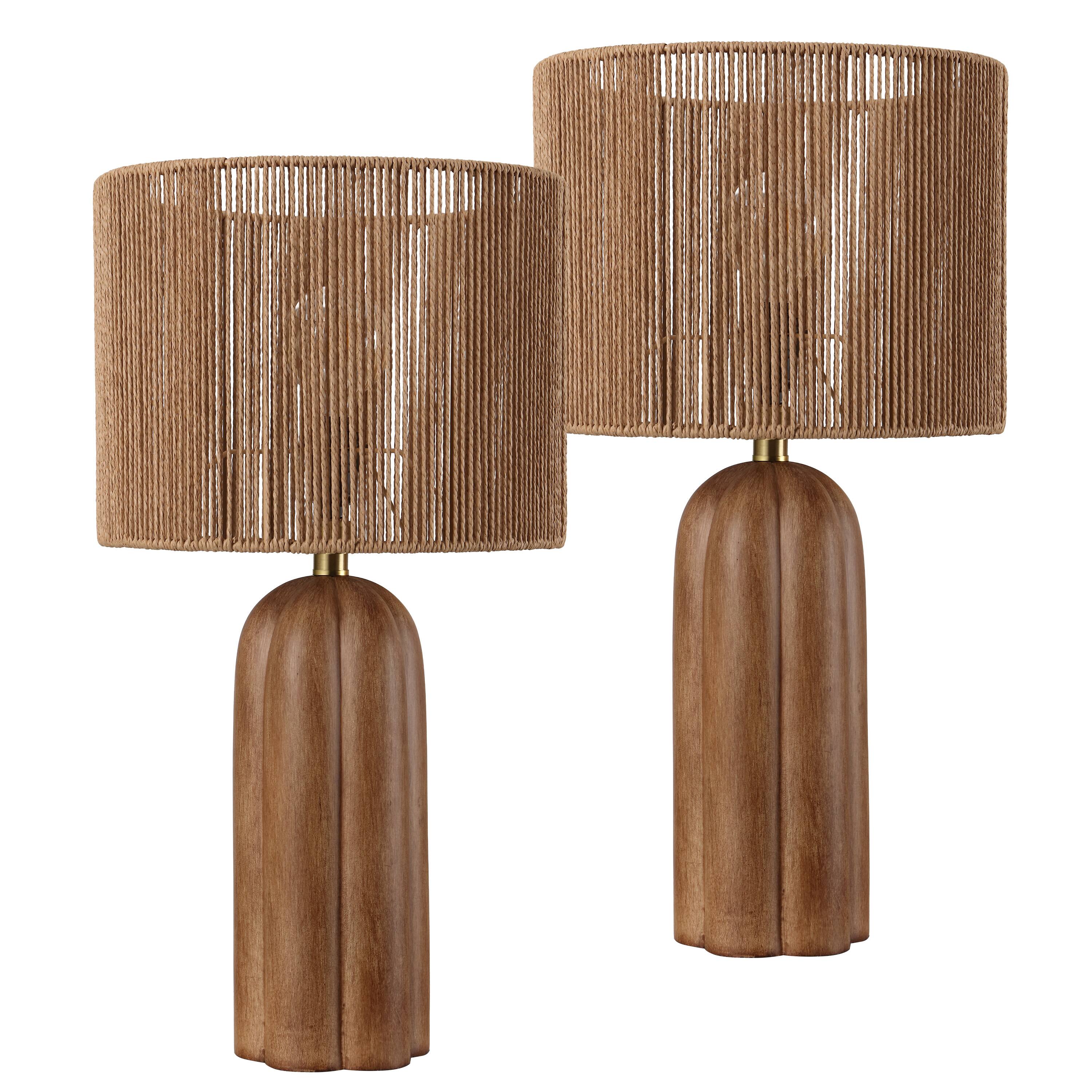 Alt View 7. Jonathan Y - Hazel 24 in. Fluted Scalloped Cylinder Resin with Paper Rope Drum Shade LED Table Lamp, Brown Wood Finish (Set of 2) - Brown Wood Finish.