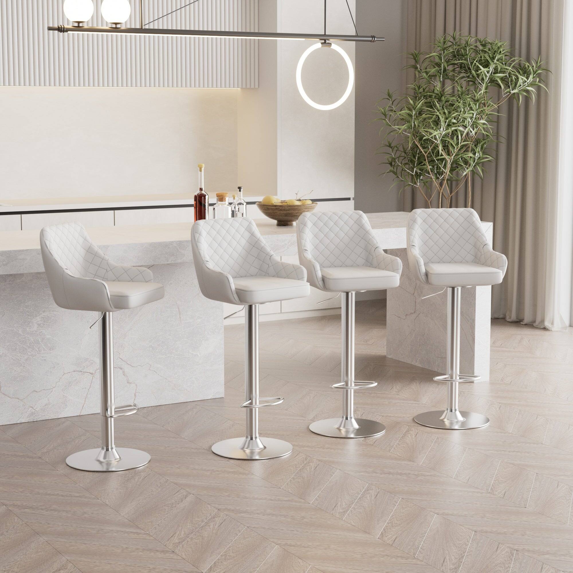 Alt View 2. Vecelo - Set of 4 PU Leather Bar Stools - Adjustable Height Seats, 330lb Capacity, 360° Rotation - White.