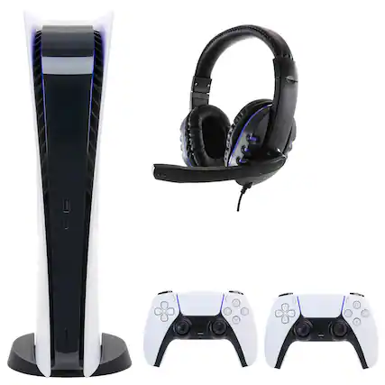 Front. Sony - PS5 Digital Console with Extra White Dualsense Controller and Headset - White.