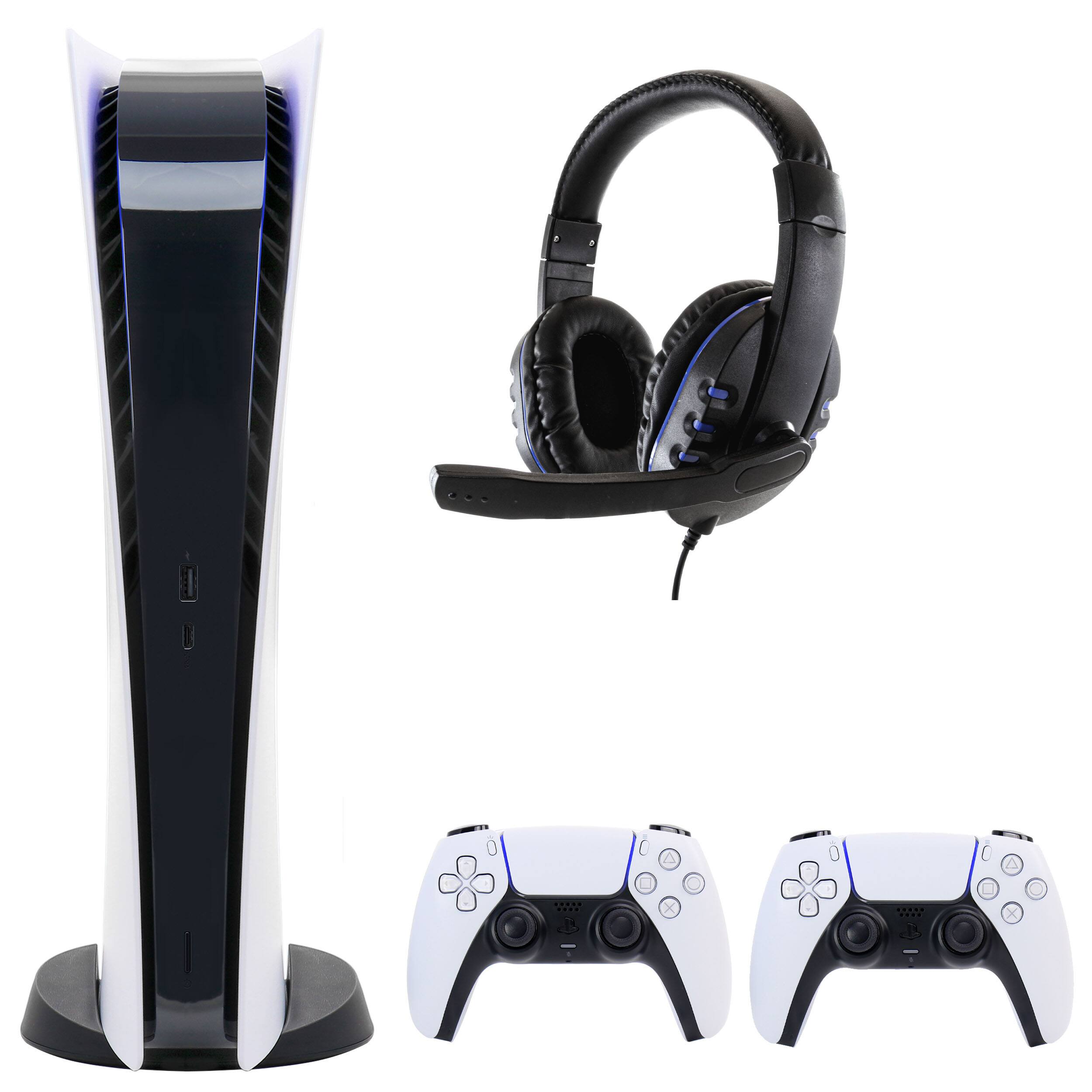Front. Sony - PS5 Digital Console with Extra White Dualsense Controller and Headset - White.