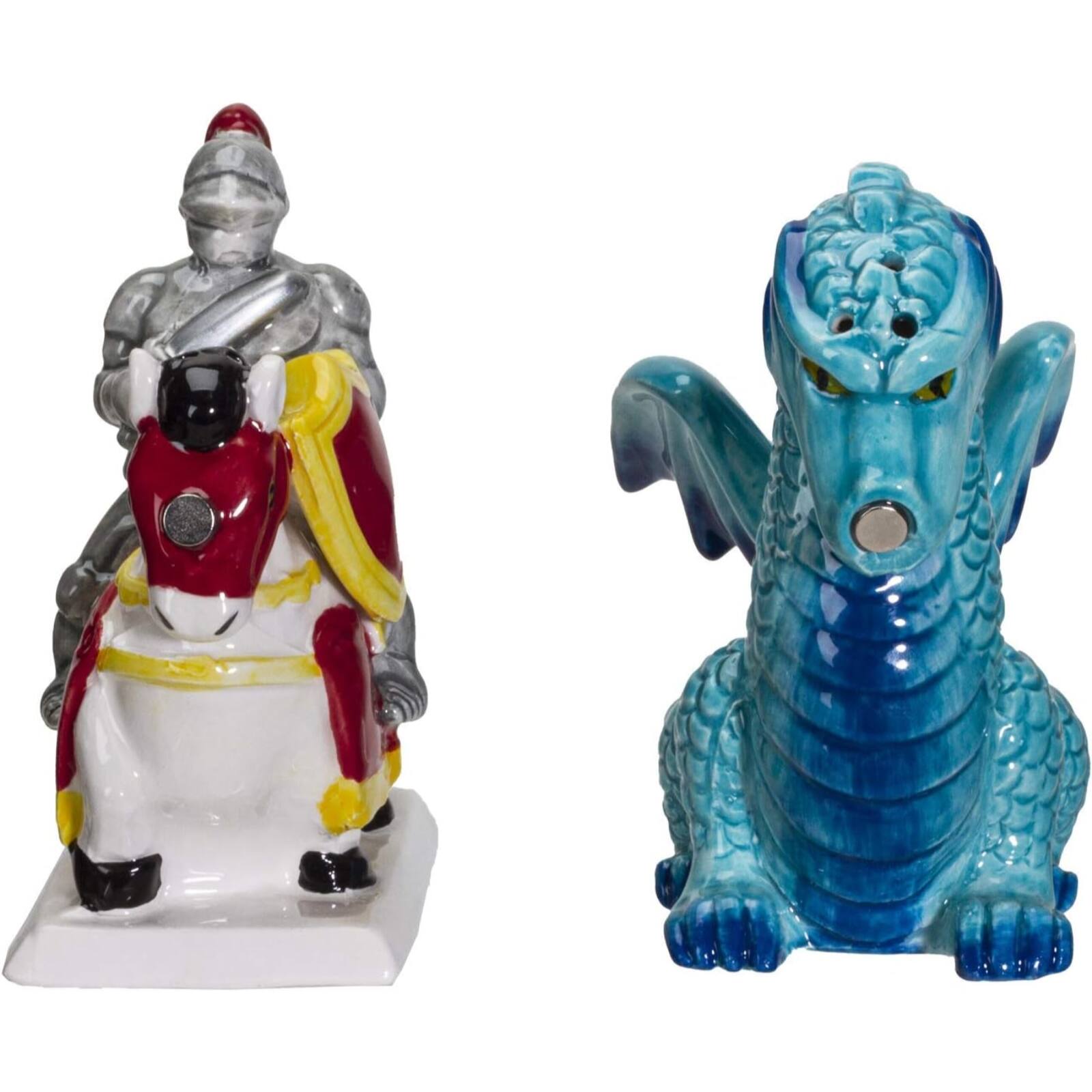 Angle. Pacific Trading - Knight on Horse and Dragon Ceramic Salt and Pepper Shakers Set - Multicolor.