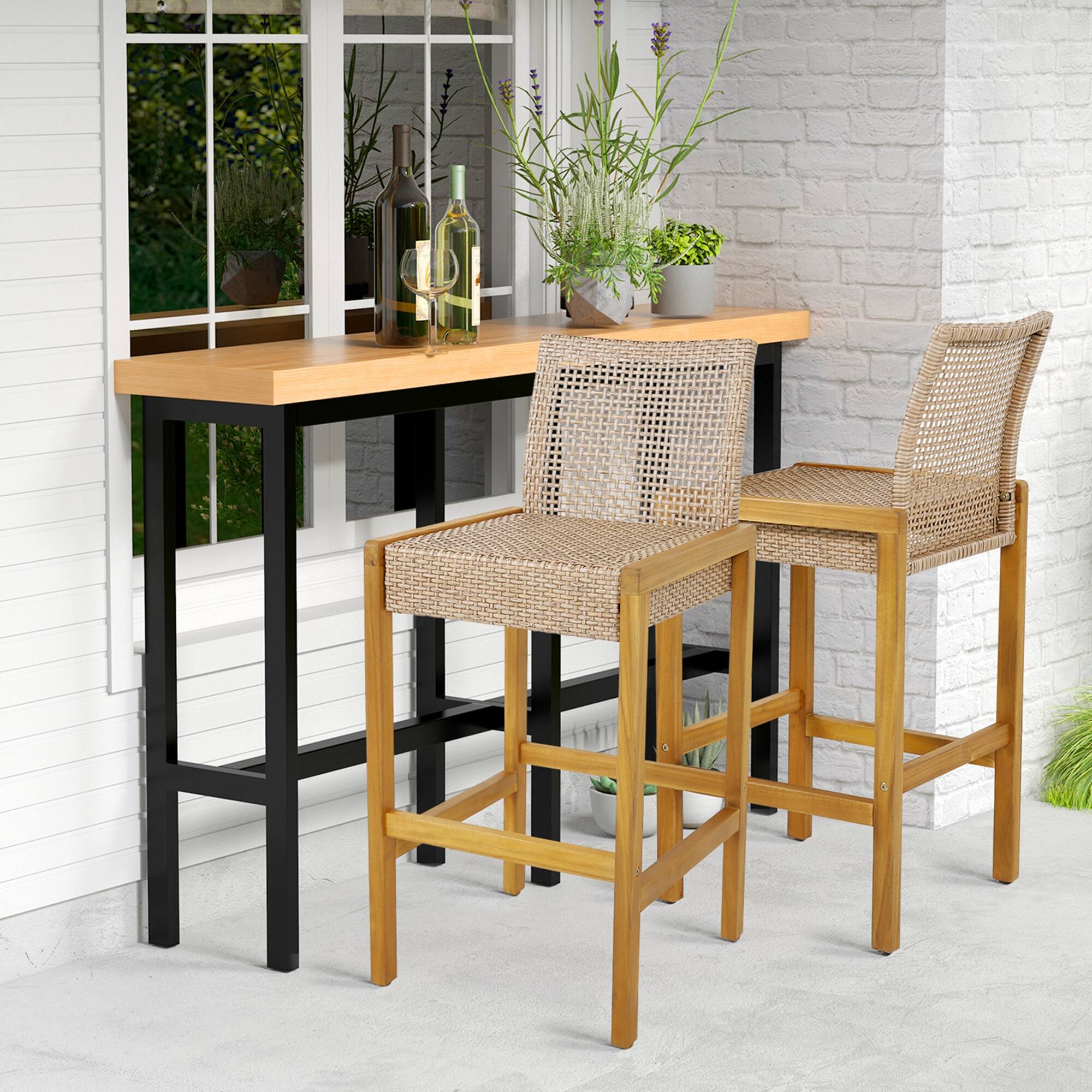 Alt View 2. Costway - Costway Set of 2 Patio Wood Barstools Rattan Bar Height Chairs with Backrest Porch Balcony - Light Brown,Teak.
