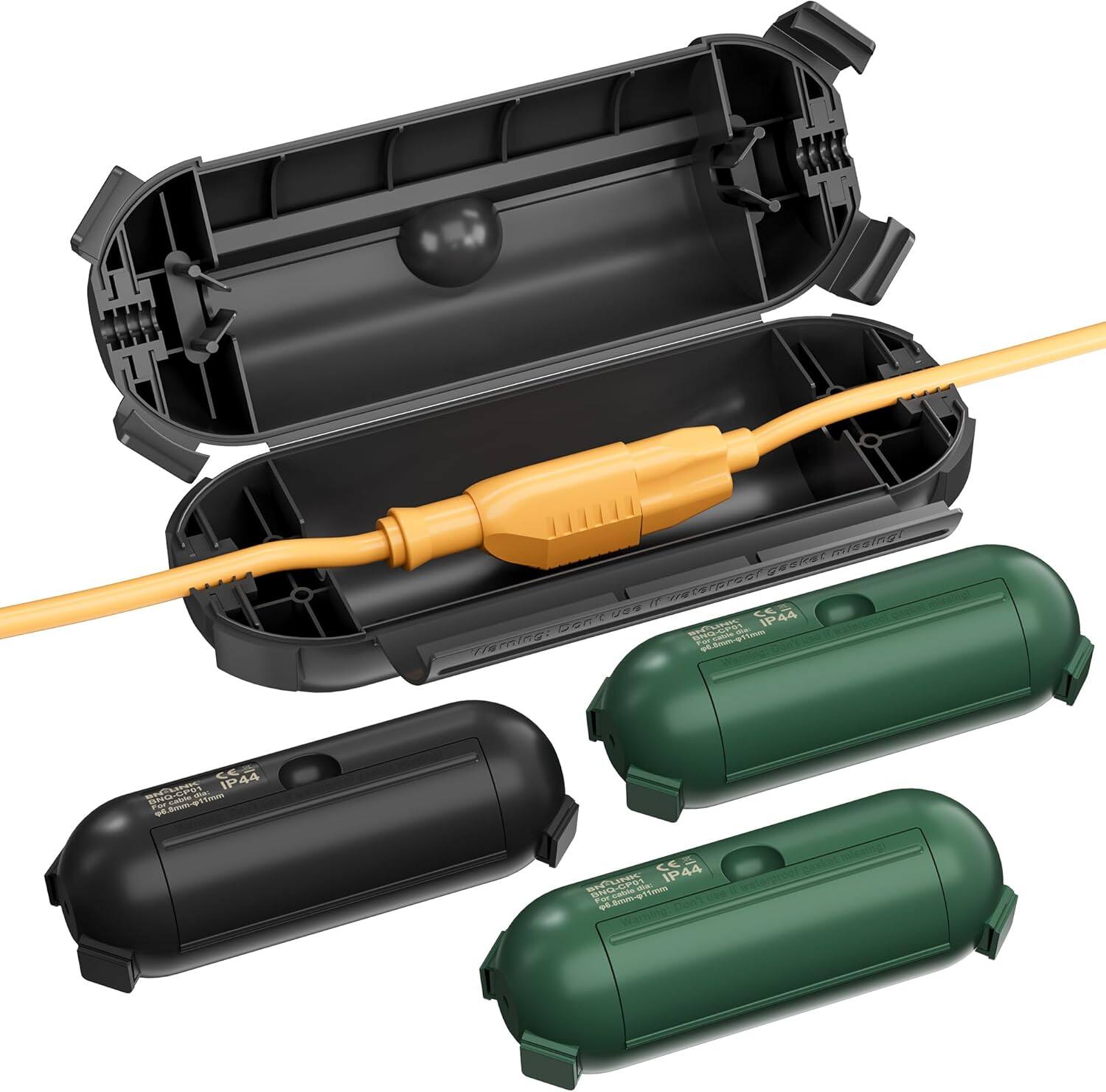 BN-LINK - Outdoor Extension Cord Safety Cover, 2 Black & 2 Green, Weather-Resistant, 4-Latch, Fits 12/14/16 AWG - Black, Green