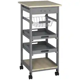 Homcom - Mobile Kitchen Cart, Rolling Kitchen Island with Storage, Solid Wood Frame Cart with Wire Fruit Basket, Trays and Drawer - Gray