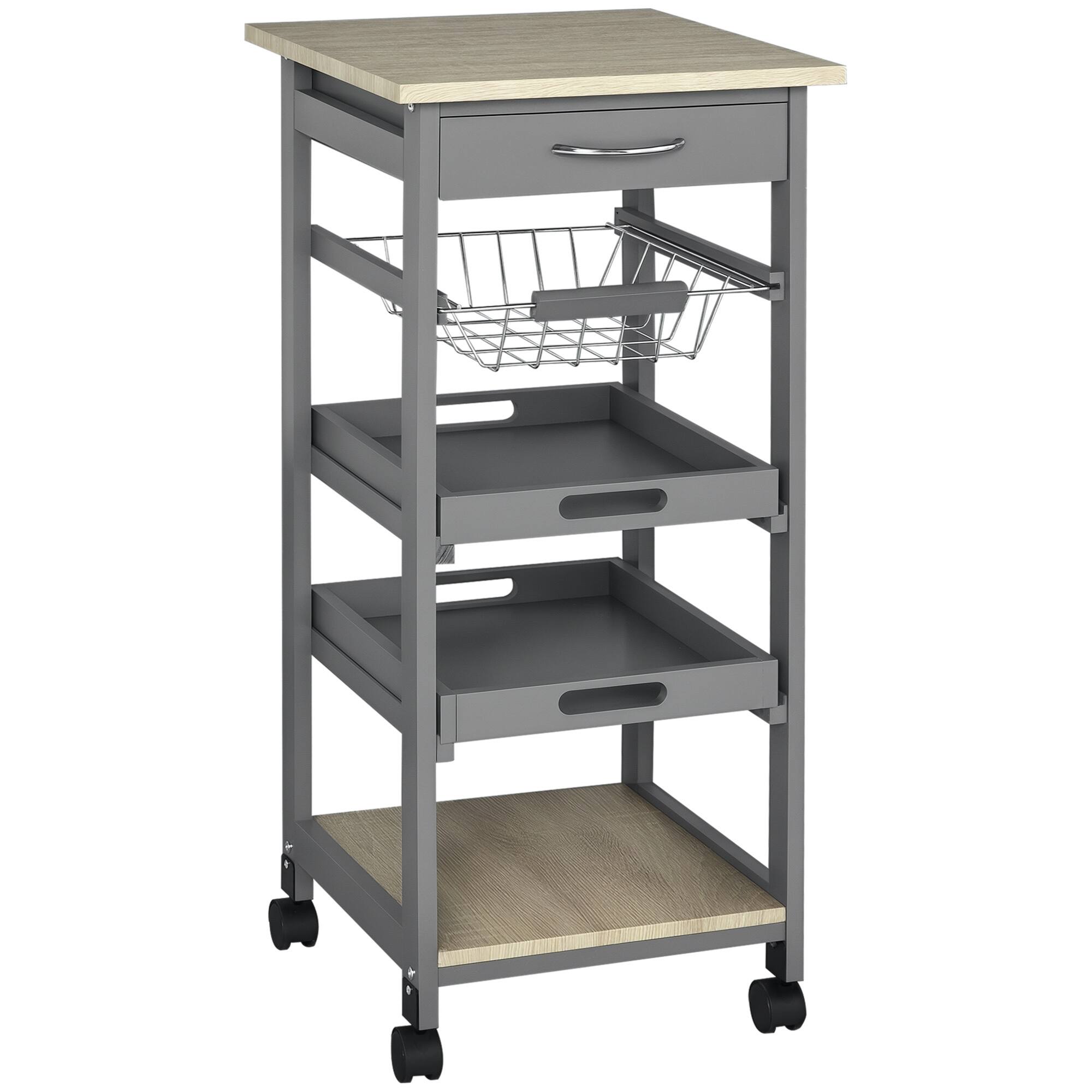 Homcom - Mobile Kitchen Cart, Rolling Kitchen Island with Storage, Solid Wood Frame Cart with Wire Fruit Basket, Trays and Drawer - Gray