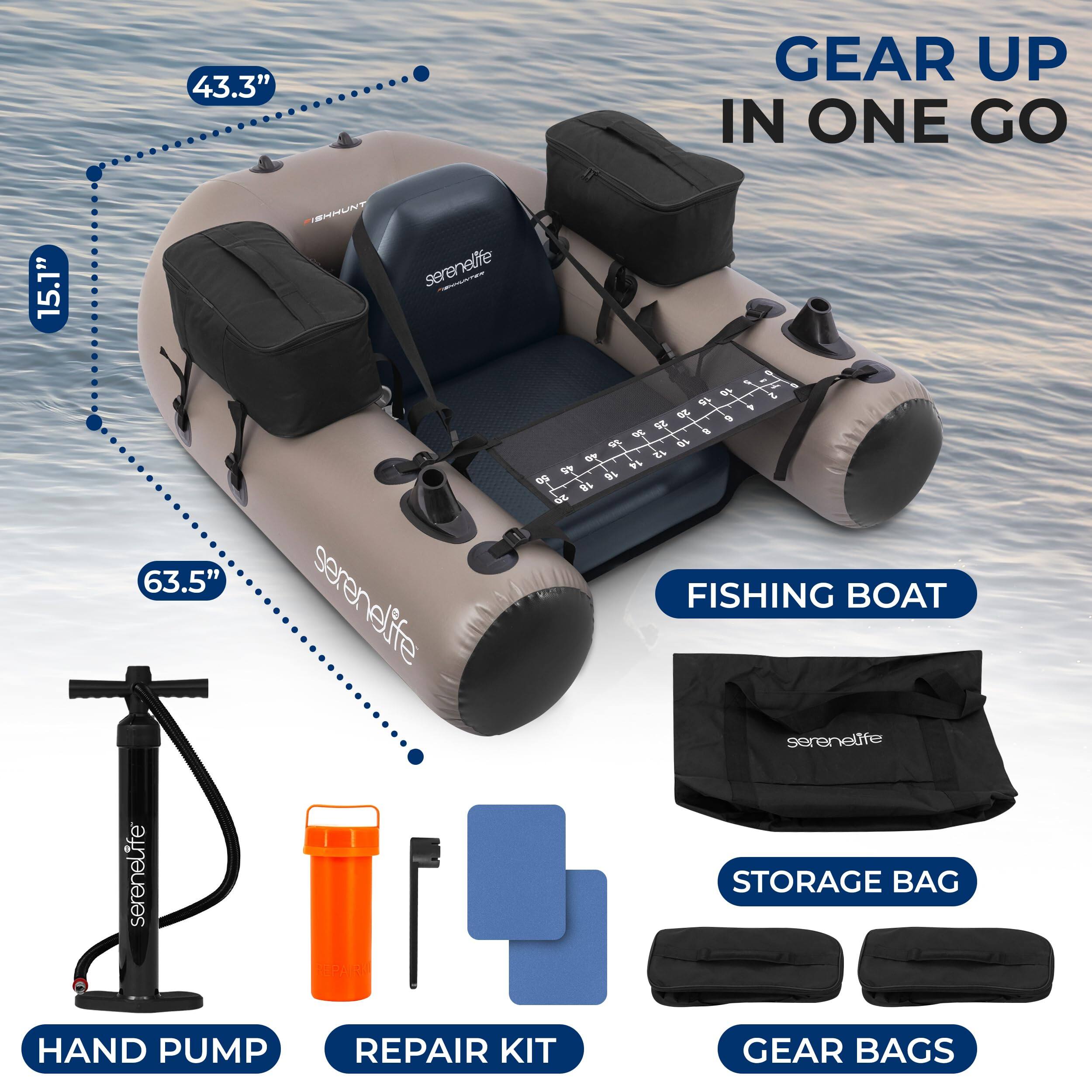 43.3" GEAR UP IN ONE GO  
15.1"  
63.5"  
serenelife  
FISHING BOAT  
HAND PUMP  
REPAIR KIT  
STORAGE BAG  
GEAR BAGS