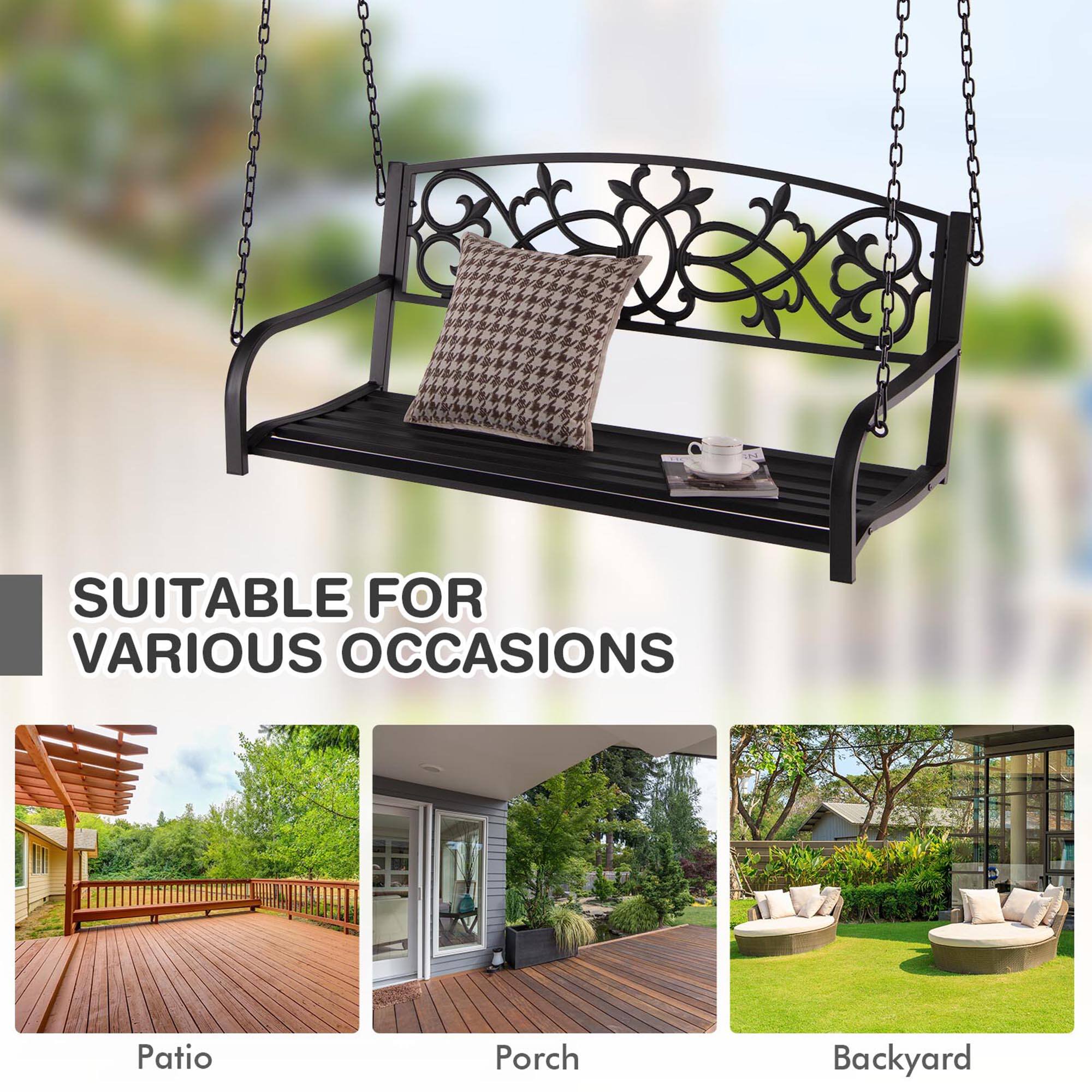 Alt View 4. Gymax - Gymax Patio Hanging Porch Swing 2-Person Outdoor Metal Swing Bench Chair w/ Chains Brown - Brown.