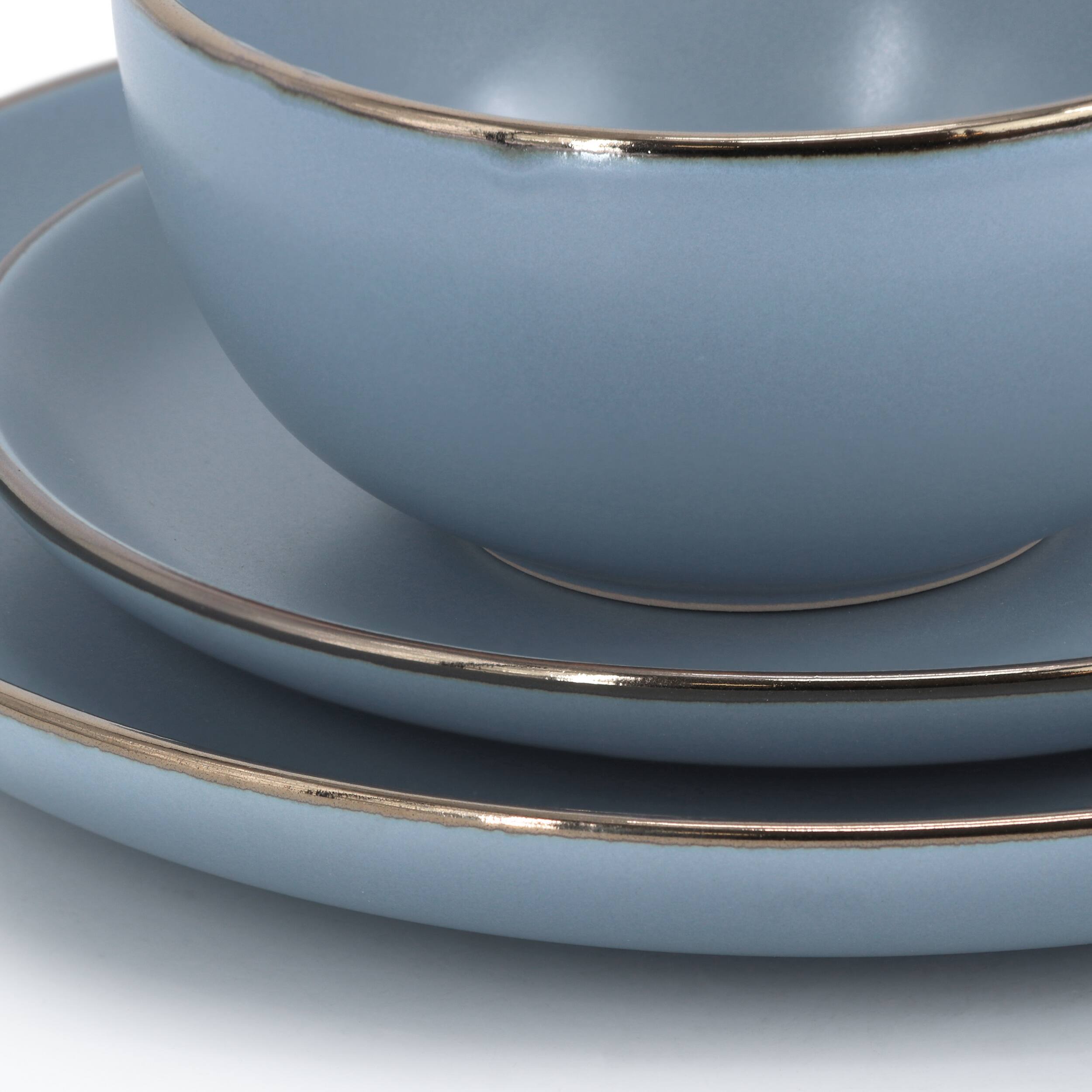 Alt View 3. Gibson - Gibson Home Rockaway 16 Piece Stoneware Metallic Rim Dinnerware Set in Matte Blue - Matte Blue.