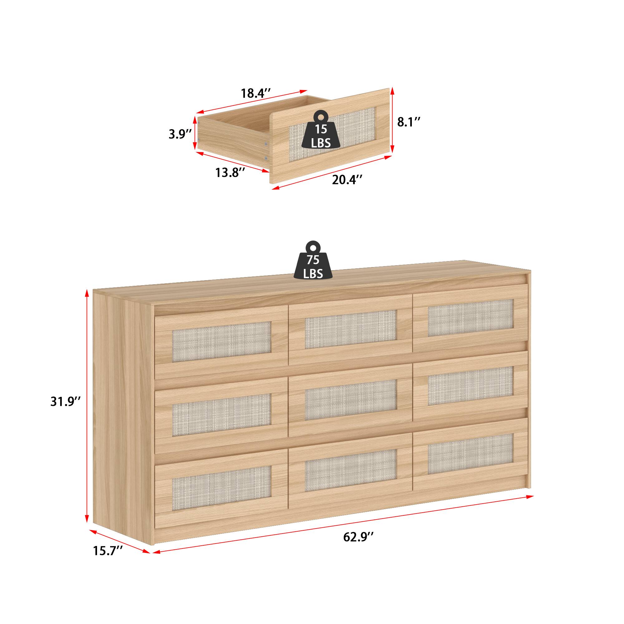 18.4", 3.9", 15 LBS, 8.1", 13.8", 20.4", 75 LBS, 31.9", 15.7", 62.9"