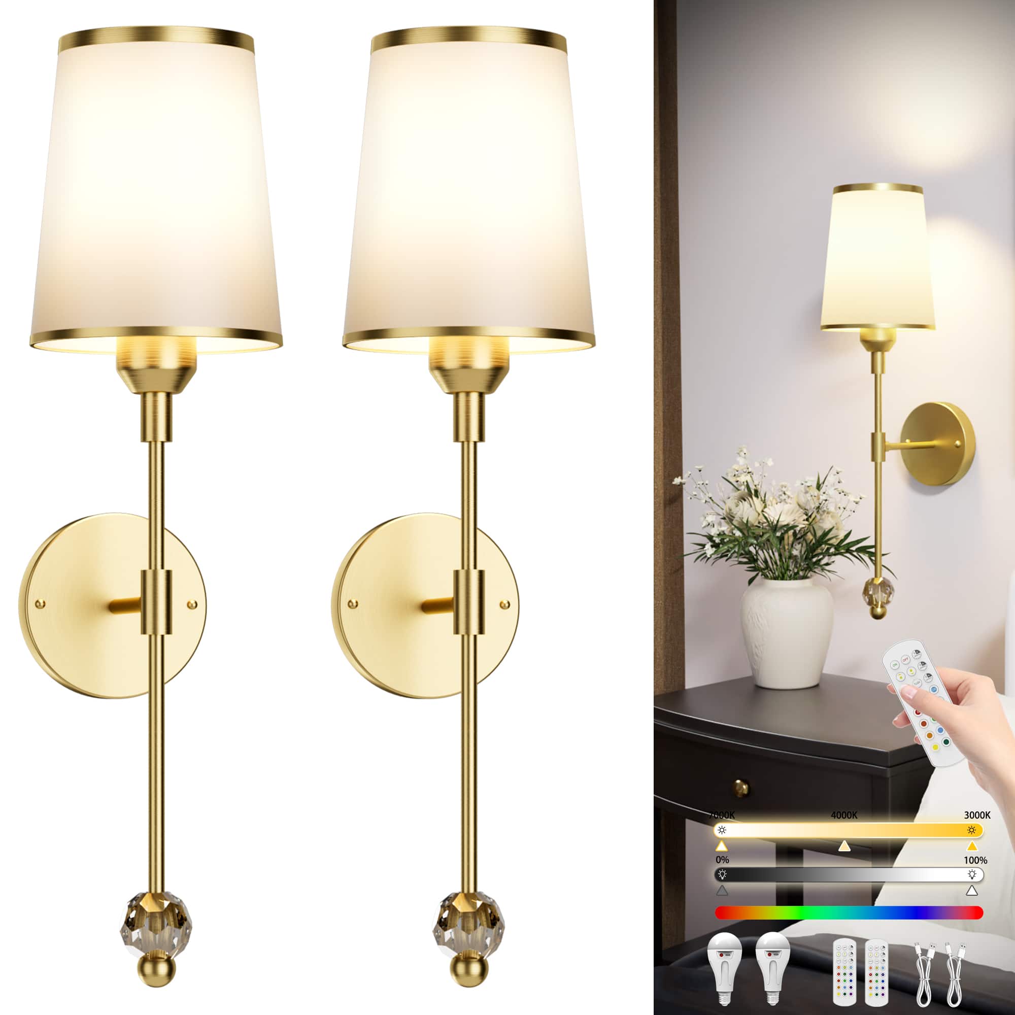 PAIHOME - Battery Operated Wall Sconce Set of Two, Rechargeable Wireless Wall Sconces for Bedroom Living Room Wall Decor - Gold