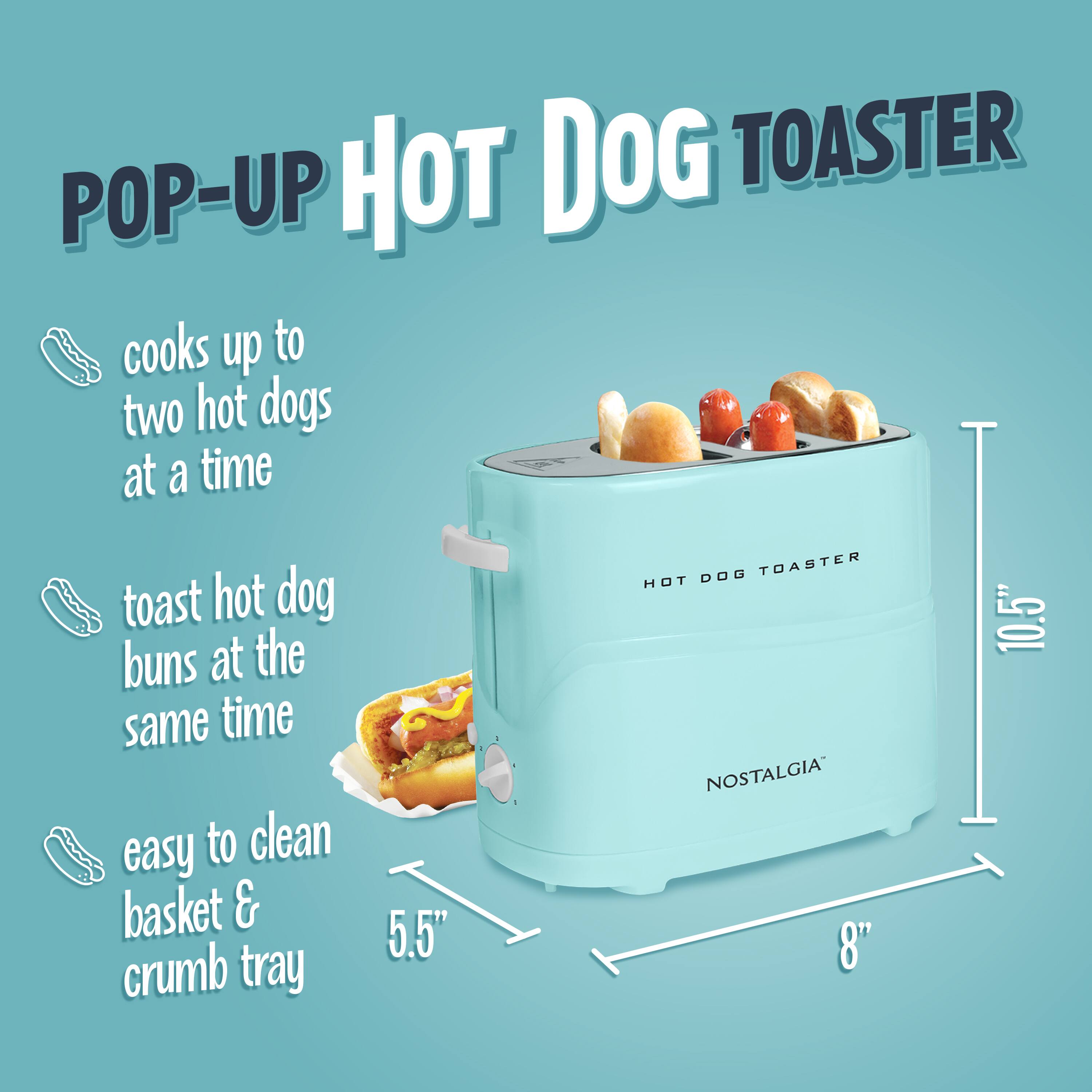 POP-UP HOT DOG TOASTER

- cooks up to two hot dogs at a time
- toast hot dog buns at the same time
- easy to clean basket & crumb tray

Dimensions:
- 5.5" (width)
- 8" (depth)
- 10.5" (height)

NOSTALGIA