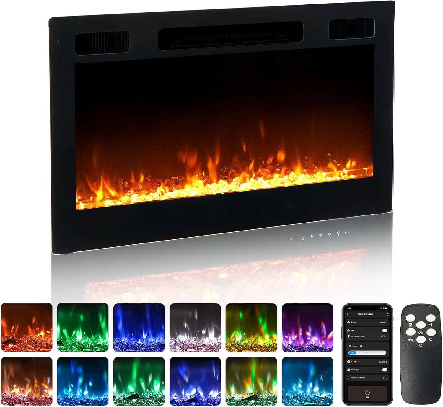Front. Winado - 30" Electric Fireplace Insert, 1500W Wall-mounted/Built-in Fireplace Heater with WIFI Control, Remote Control, 12 Color - Black.