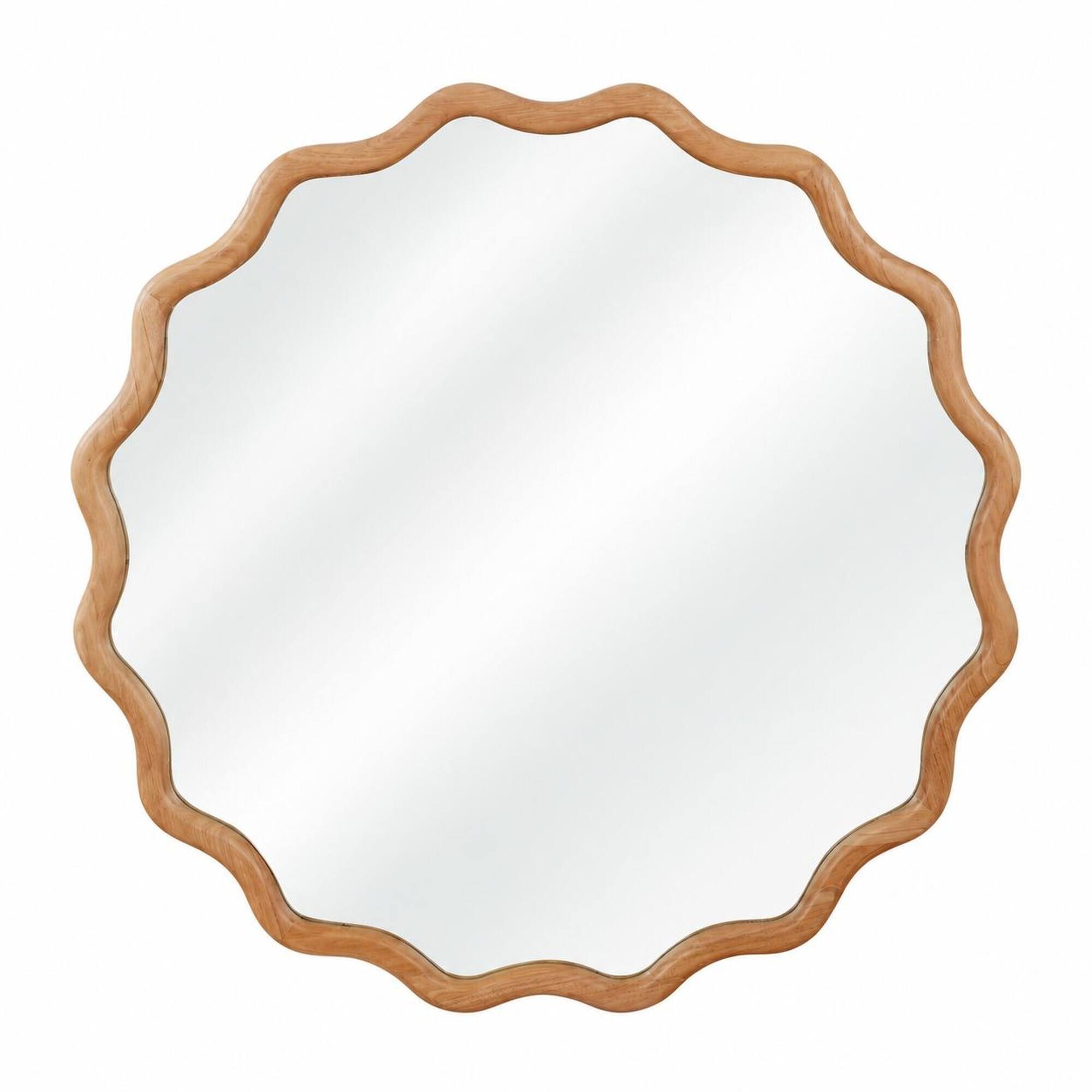 Front. RYHNUYNE - 30 in Wavy Round Wood Framed Wall Mirror, Natural Finish, Tempered Glass, Entryway and Bathroom Decor.