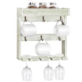 Oumilen - Distressed Green Wash Wood Wall Mount Mug Rack, 6 Hooks Cup Holder with Wine Glass Slots for Coffee Bar - White