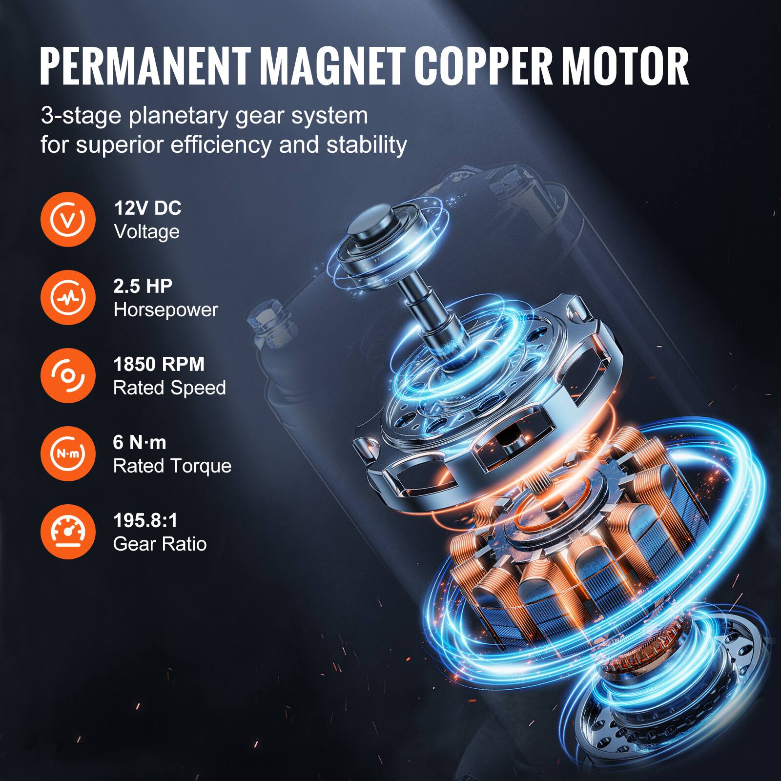 PERMANENT MAGNET COPPER MOTOR  
3-stage planetary gear system for superior efficiency and stability  

- 12V DC Voltage  
- 2.5 HP Horsepower  
- 1850 RPM Rated Speed  
- 6 N.m Rated Torque  
- 195.8:1 Gear Ratio
