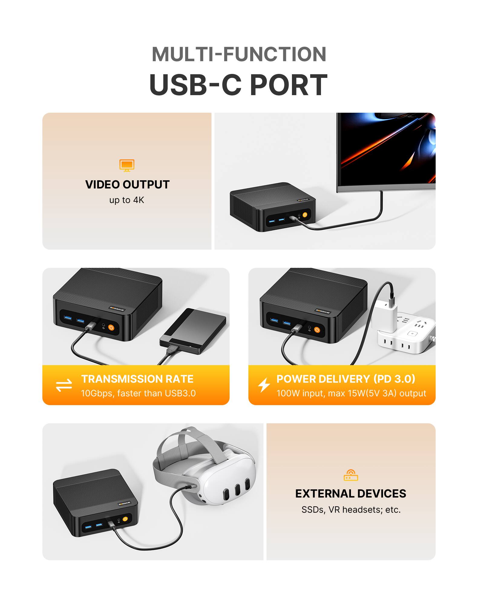 MULTI-FUNCTION USB-C PORT

VIDEO OUTPUT
up to 4K

TRANSMISSION RATE
10Gbps, faster than USB3.0

POWER DELIVERY (PD 3.0)
100W input, max 15W(5V) output

EXTERNAL DEVICES
SSDs, VR headsets; etc.