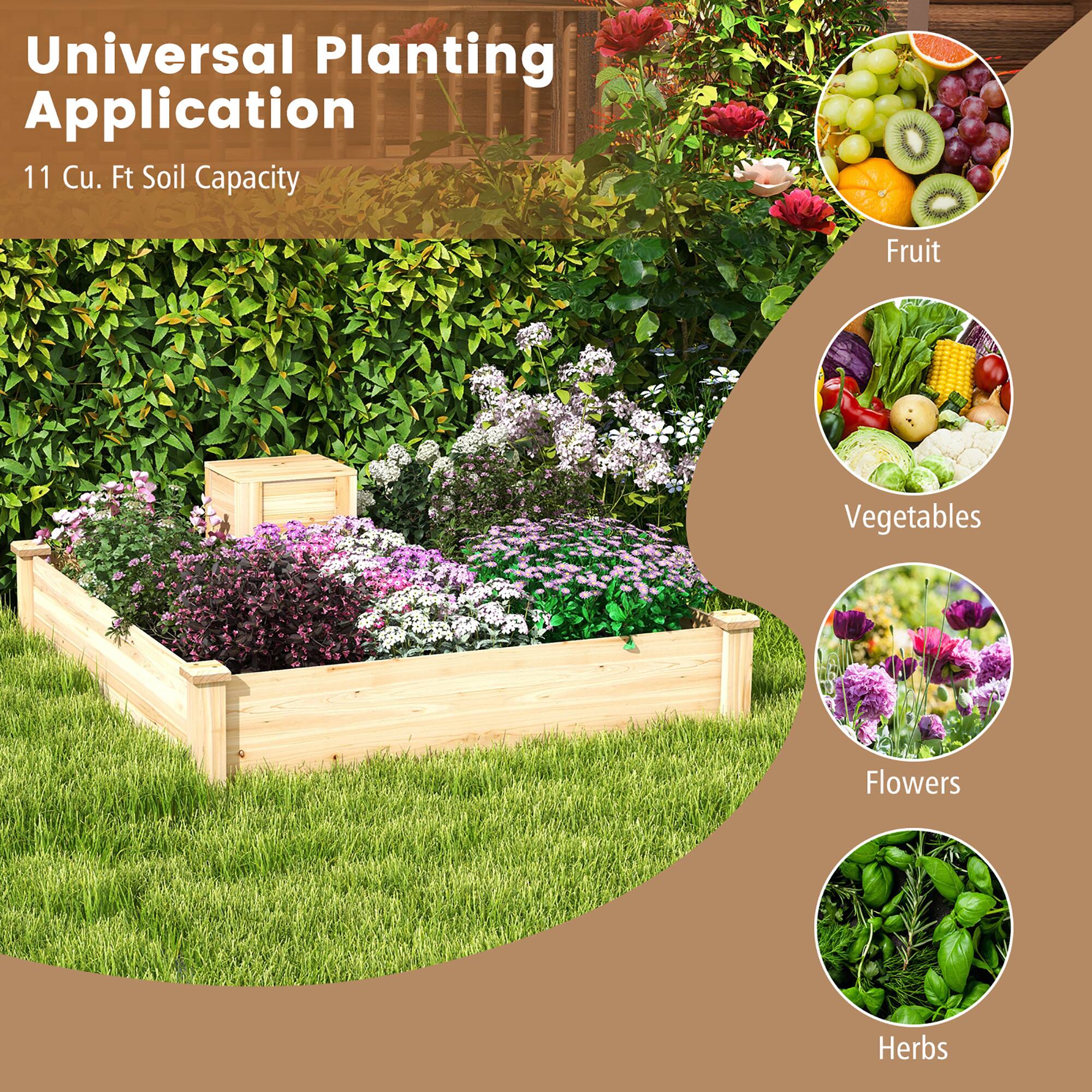 Universal Planting Application  
11 Cu. Ft Soil Capacity  

Fruit  
Vegetables  
Flowers  
Herbs