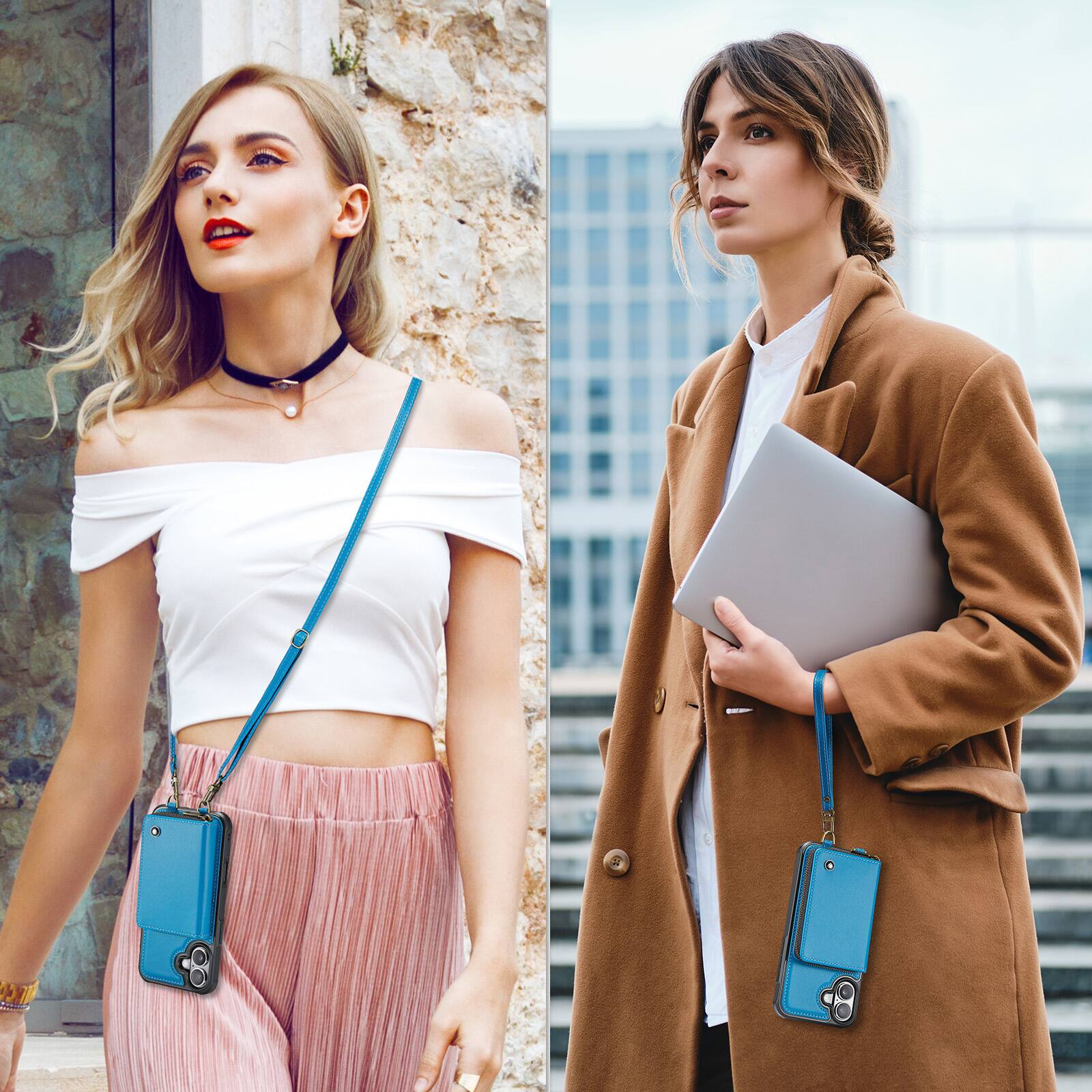 Alt View 2. Dteck - Dteck Crossbody Zipper Wallet Case for Apple iPhone 17, RFID Blocking PU Leather Card Slots Wrist Strap Lanyard Cover - Blue.