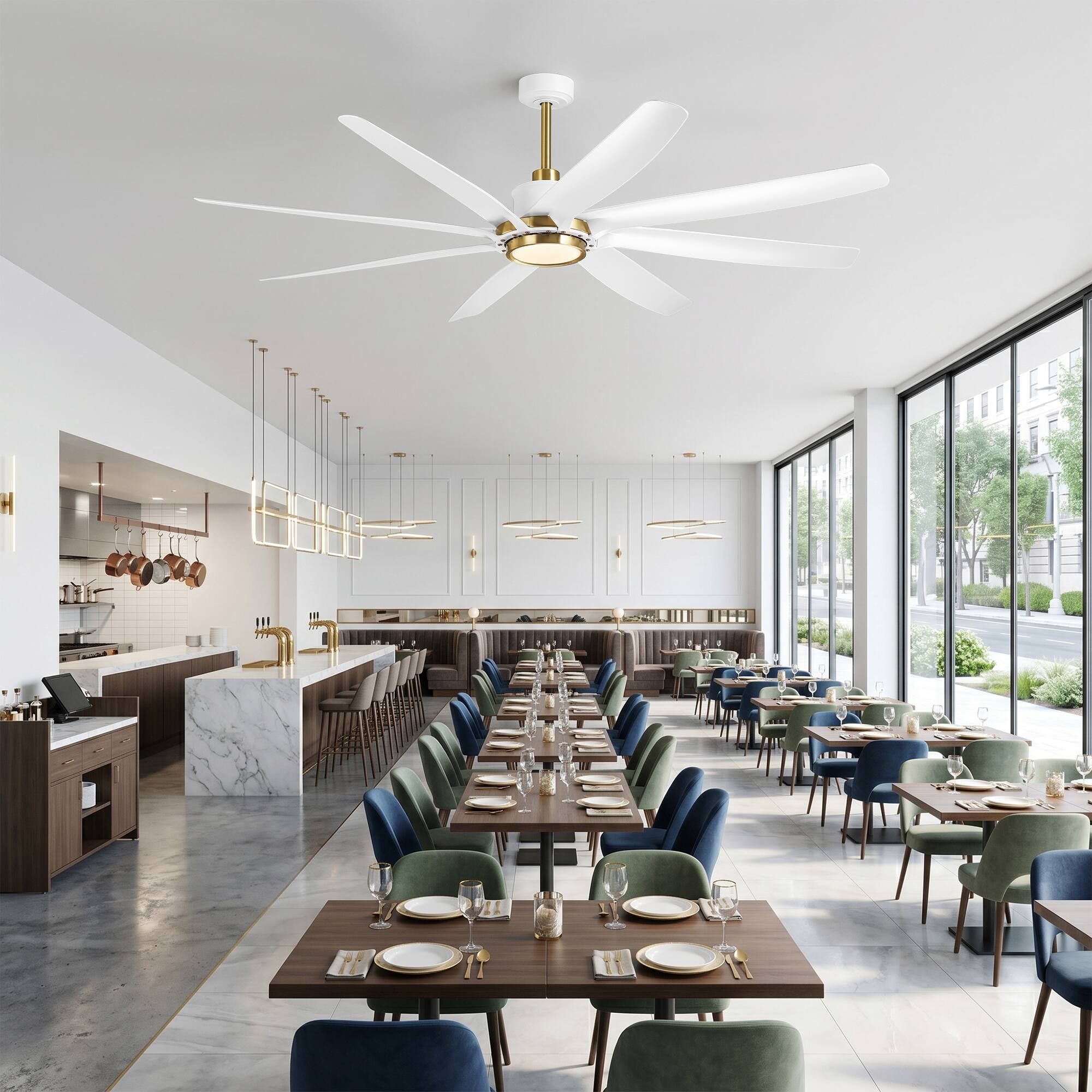 Angle. Parrot Uncle - 72 Inch Industrial 8 ABlades 6 Speed Reversible DC Motor Large Ceiling Fan with Light and Remote - White.