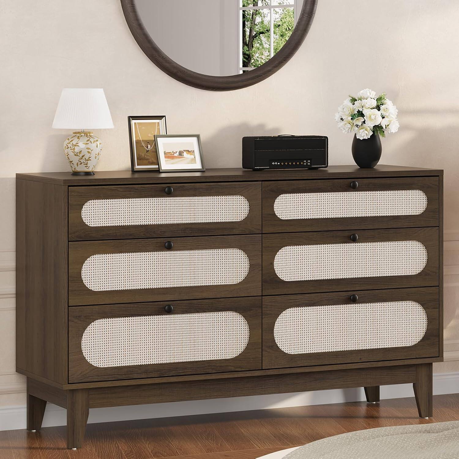 Angle. Qeetex - Coffee Brown Rattan 6-Drawer Dresser, Oak Storage Cabinet for Entryway, Bedroom, Living Room & Hallway - Coffee Brown.