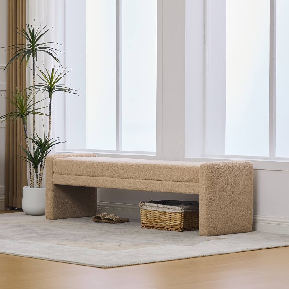 Angle. Ropilly - Ropilly Modern Upholstered End of Bed Bench Wheat Tufted Teddy Fabric Oversized Entryway Window Seat - Wheat.