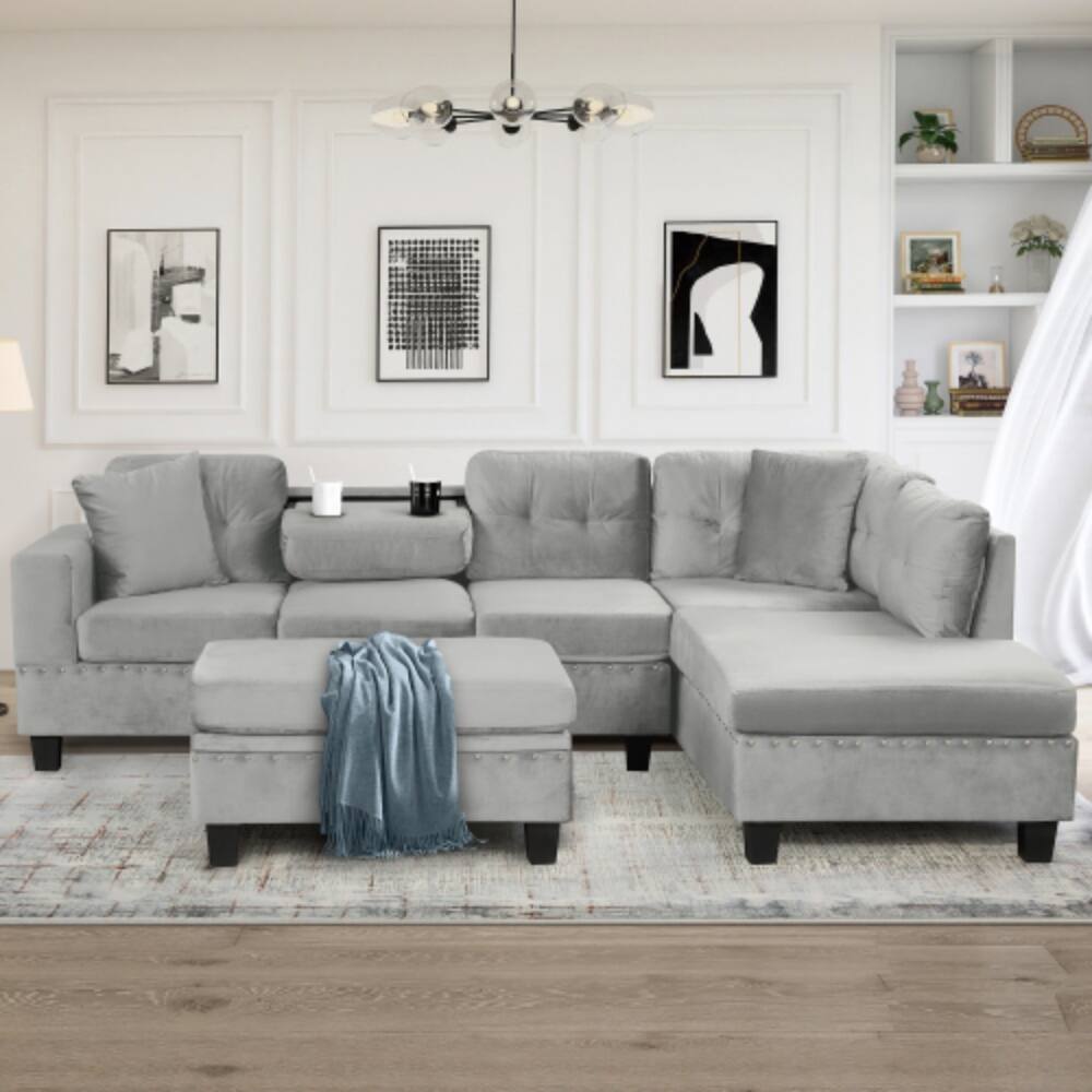 Angle. LUCKY ONE - 105" L-Shape Modern Sectional Sofa w/ Storage Ottoman 2 Pillows Cup Holders Chaise - Gray.