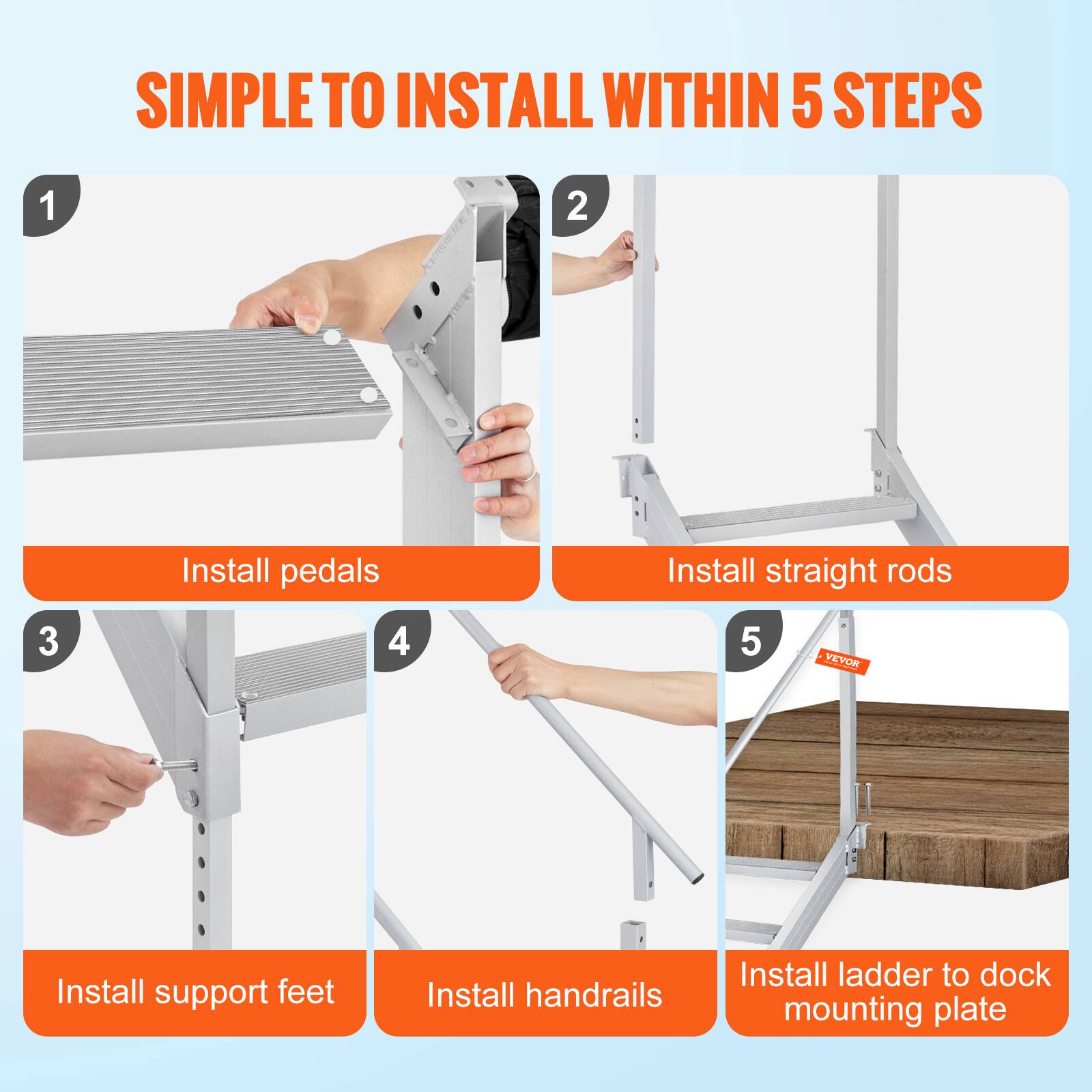 SIMPLE TO INSTALL WITHIN 5 STEPS

1. Install pedals
2. Install straight rods
3. Install support feet
4. Install handrails
5. Install ladder to dock mounting plate