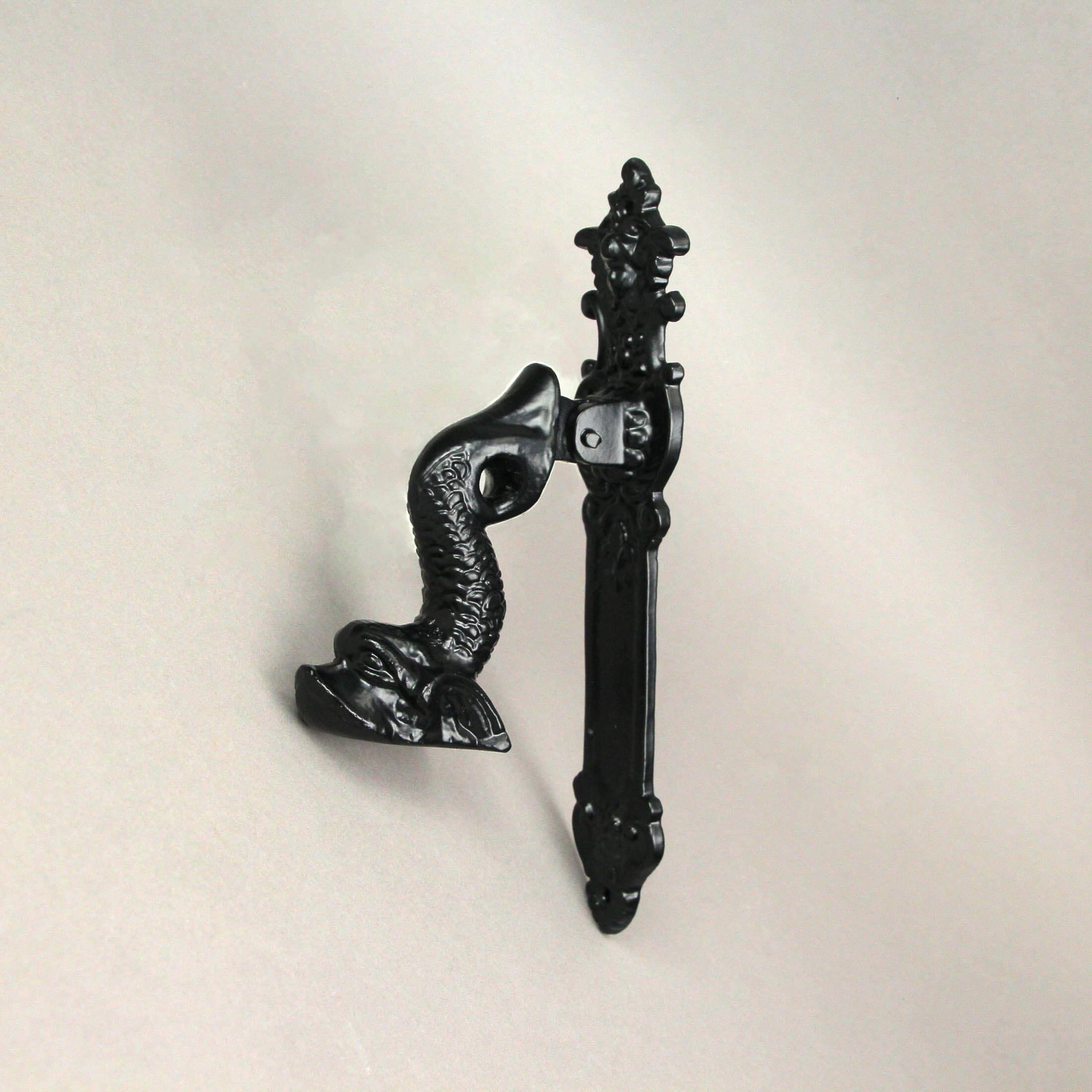 Alt View 4. Moby Dick Specialties - Rustic Black Enamel Cast Iron Roman Dolphin Decorative Door Knocker - Black.