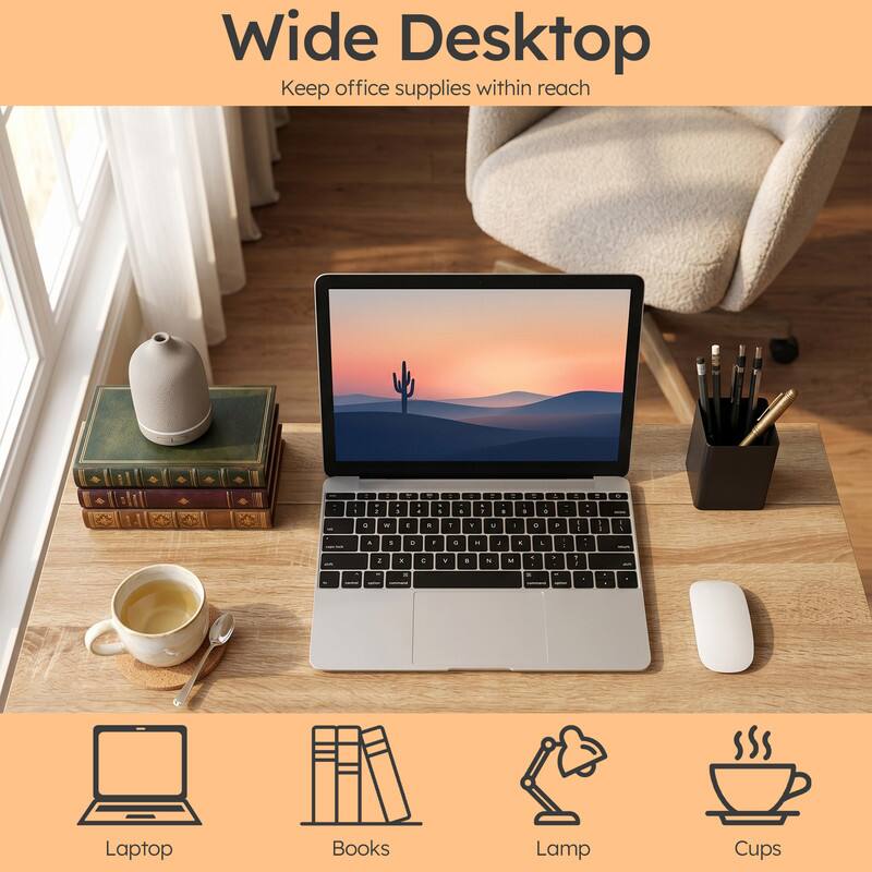 Wide Desktop  
Keep office supplies within reach

Laptop  
Books  
Lamp  
Cups